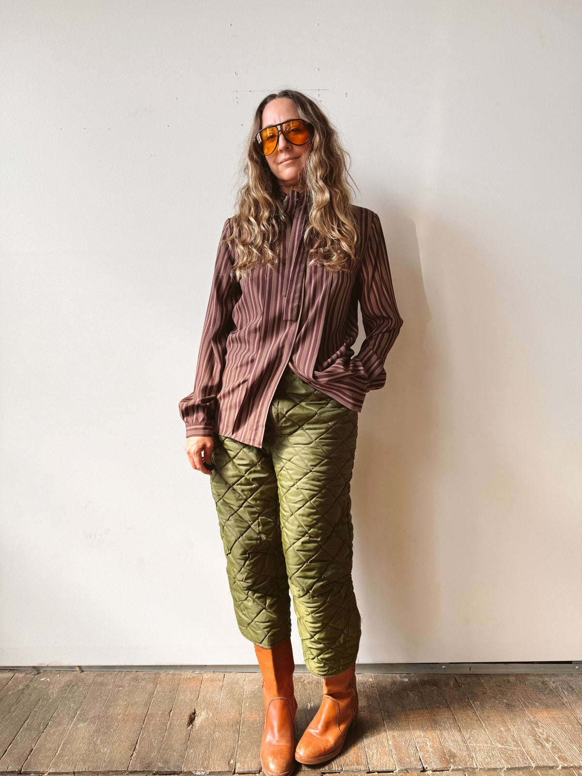 Burgamdy Tie-Neck Striped 90s Blouse (M)