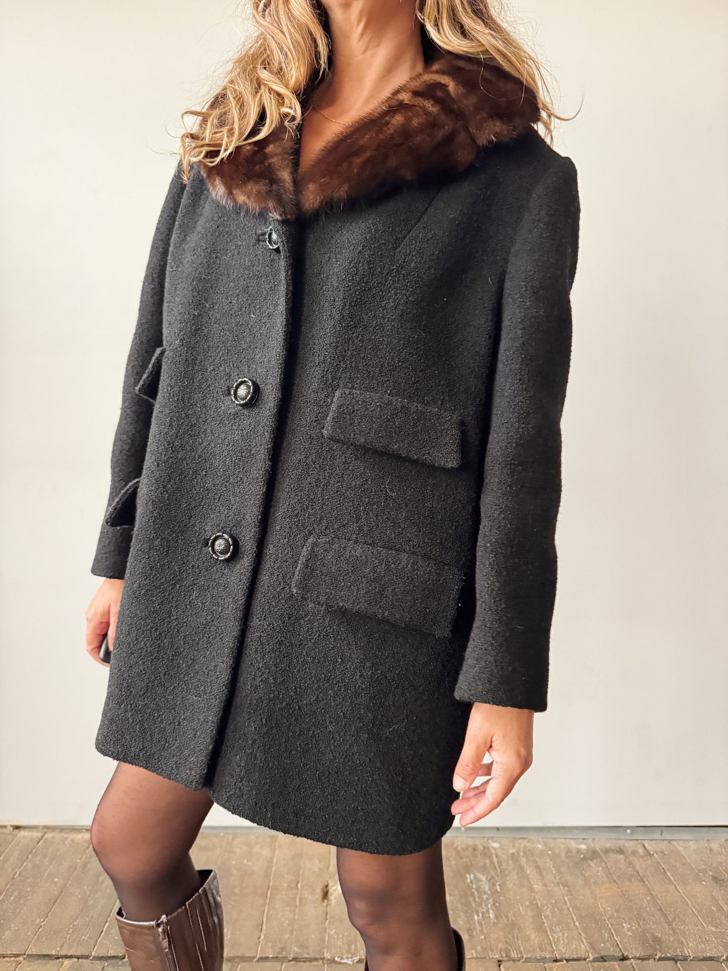 60s Wool Button Coat with Mink Fur Collar (S)