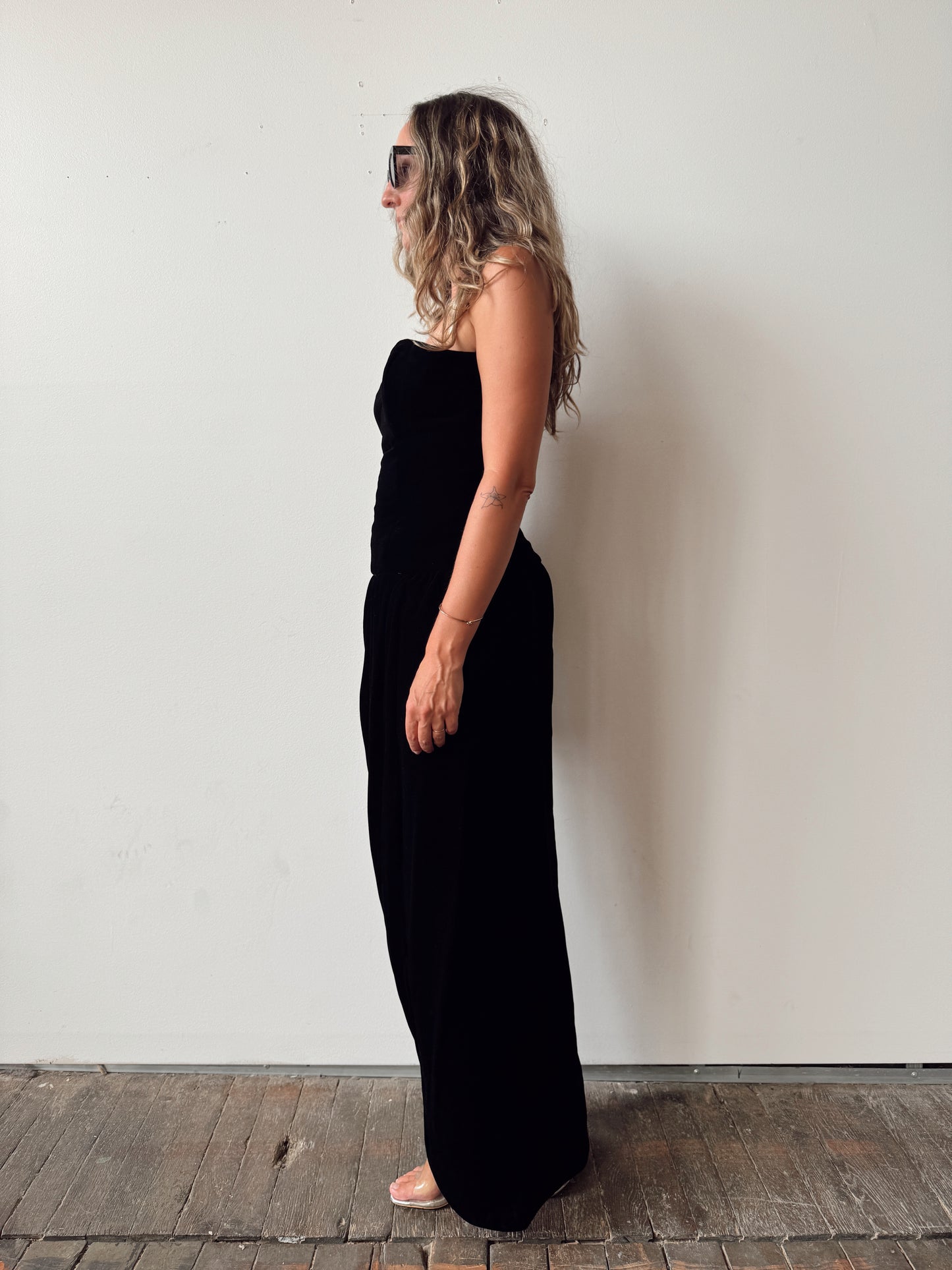 80s Vintage Victor Costa Strapless Velvet Draped Tulip Evening Dress (M)