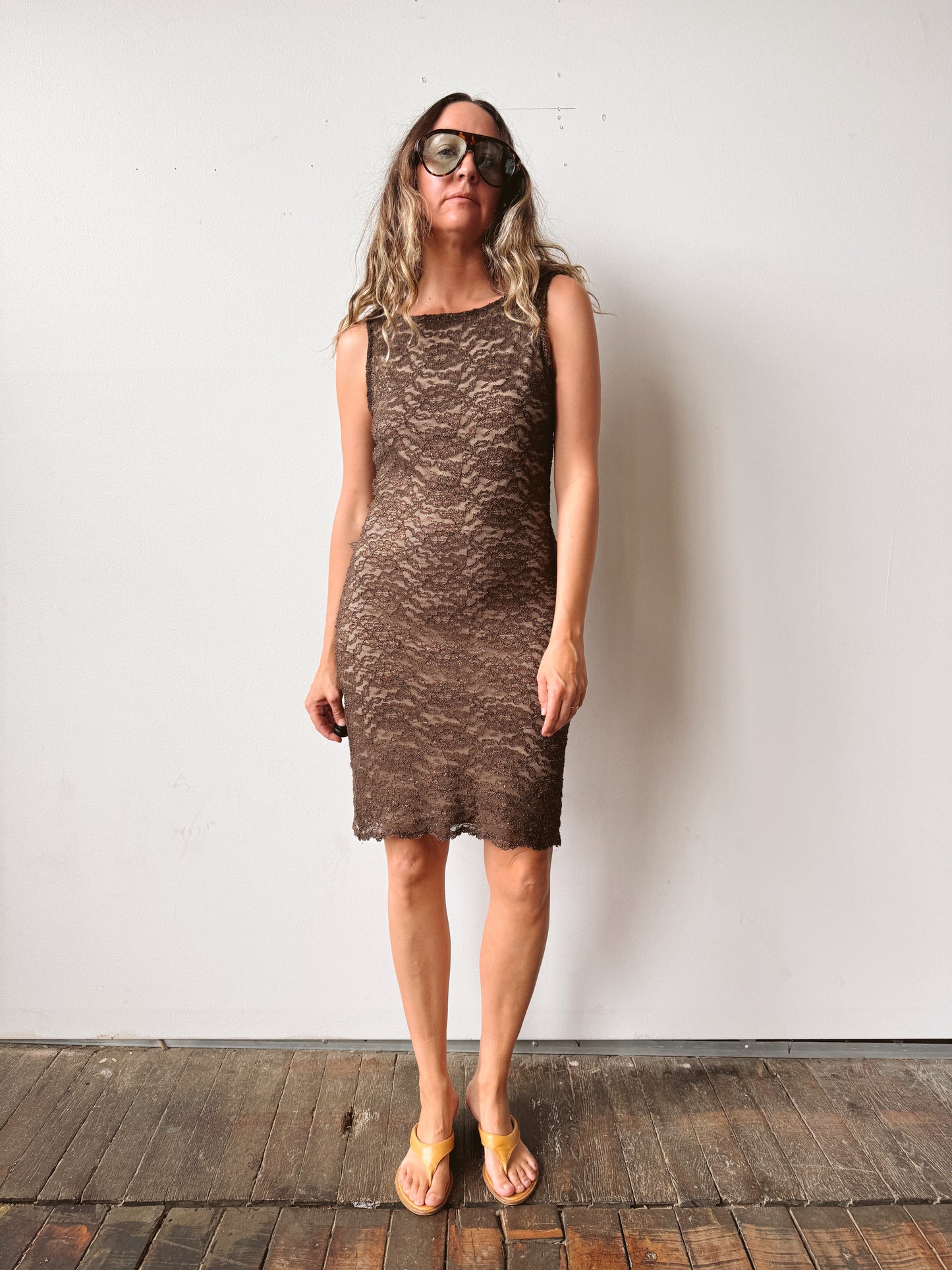 Brown Metallic 90s Sheeth Dress ( M)