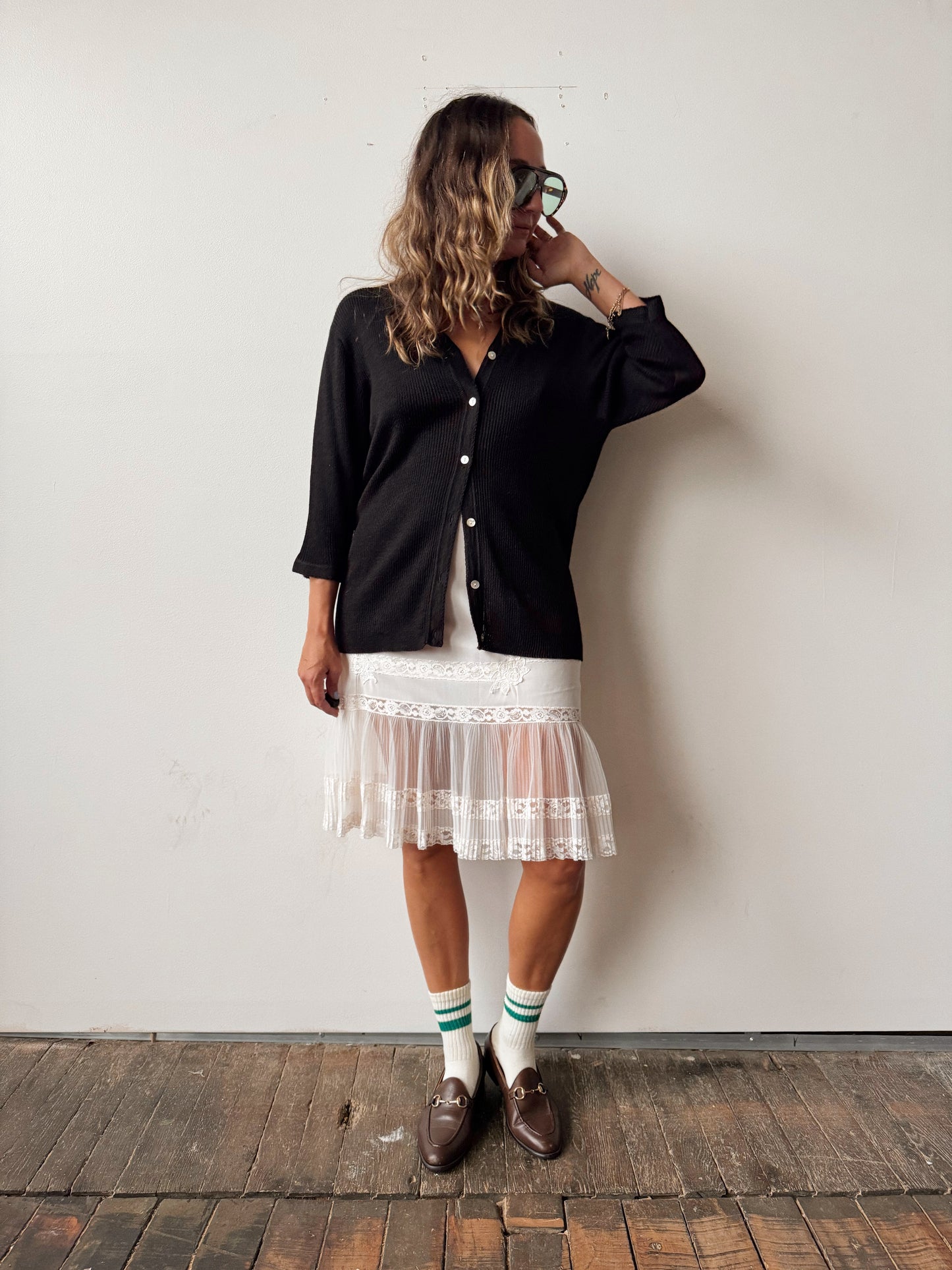 White Slip Skirt with Lace and Sheer Detail (M)