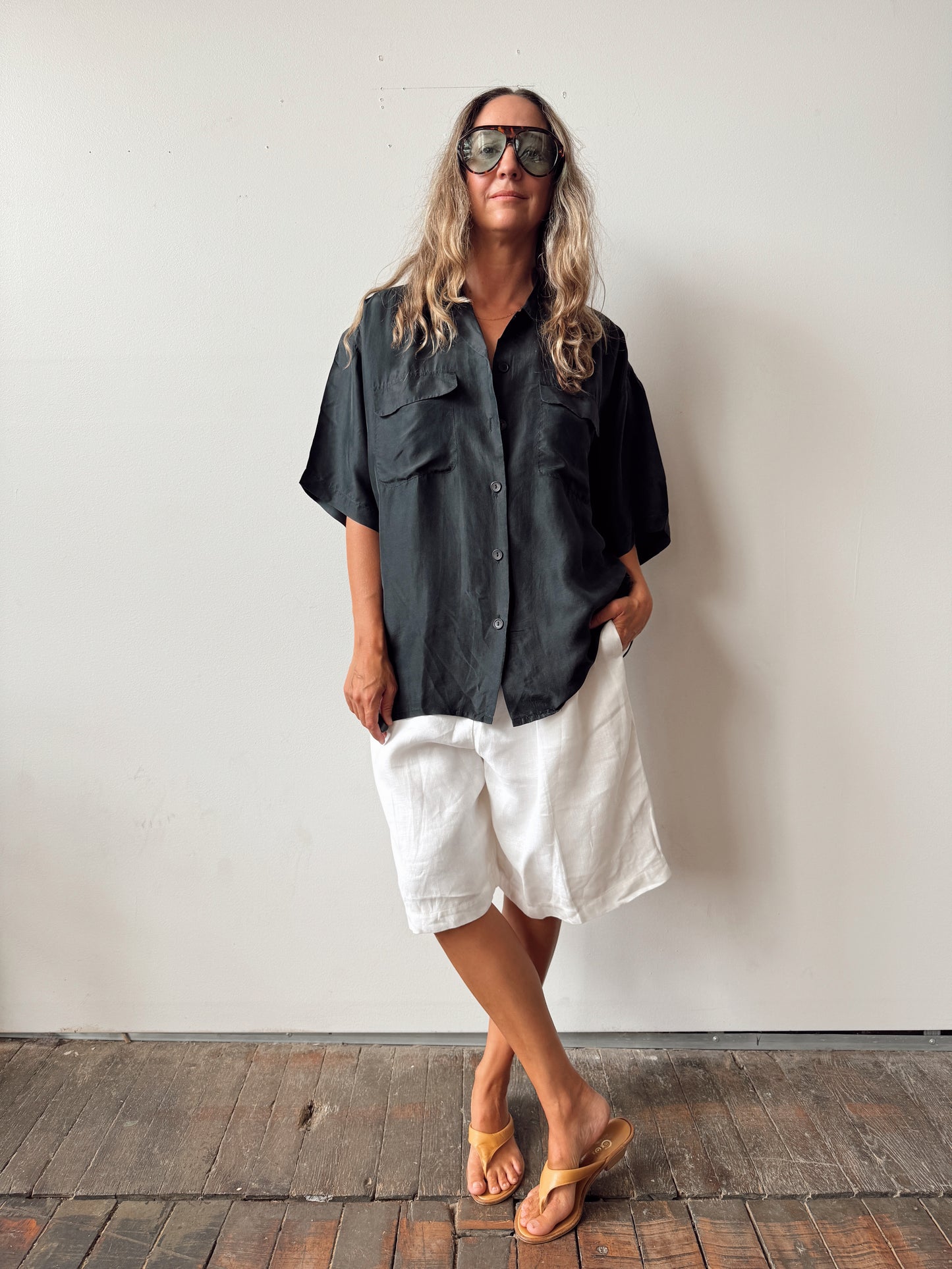 Boxy Black Silk 90s Blouse (L)