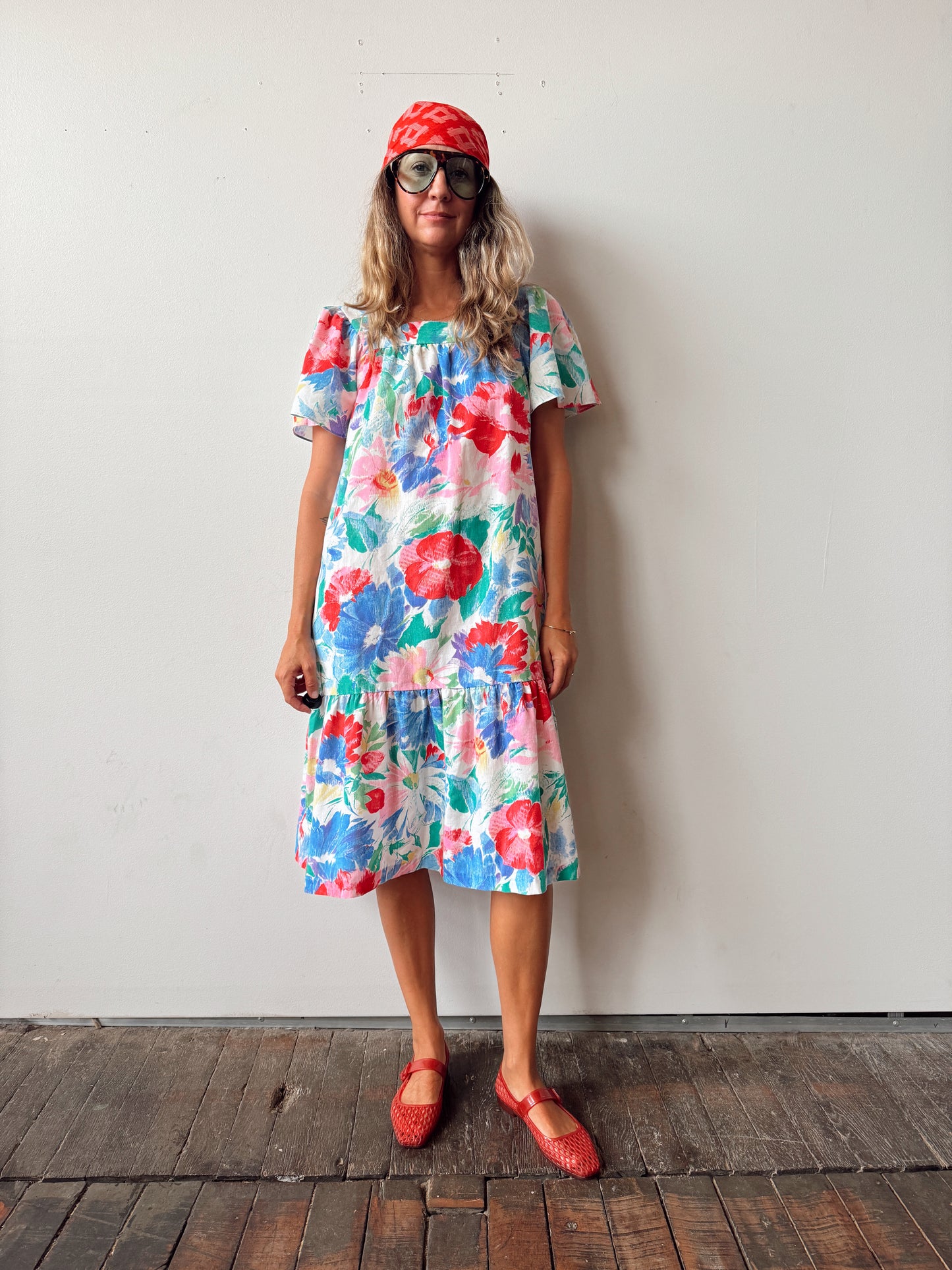 Hibiscus Washed Vintage Mumu Cotton Dress (M)