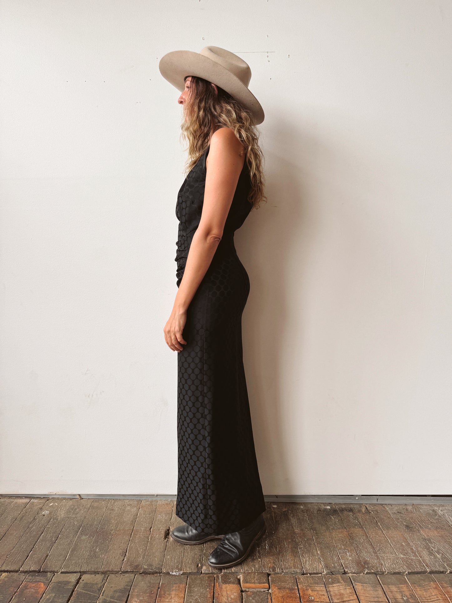 Polka Dot Black 90s Ruche Dress (4)