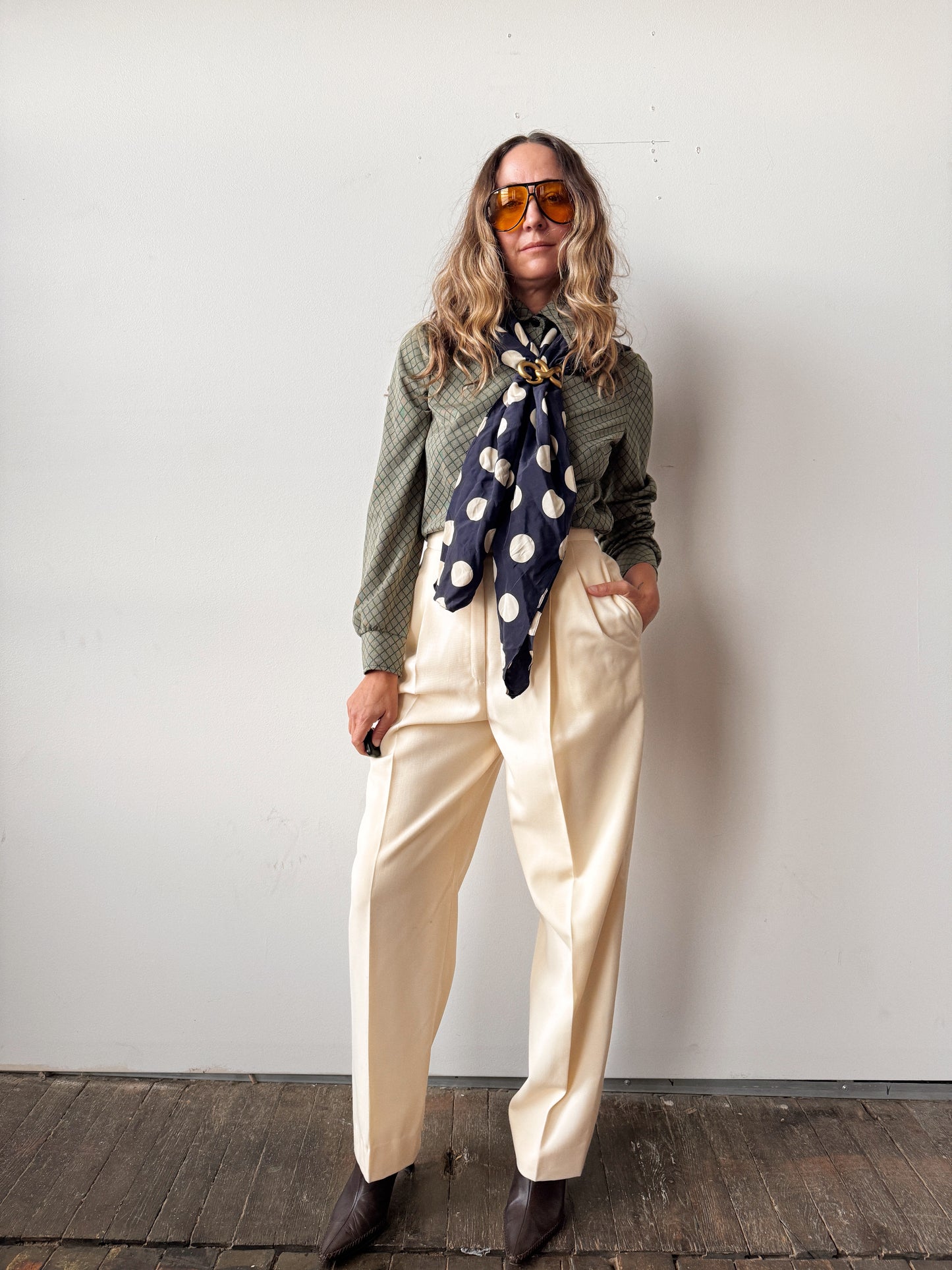 70s Green Herringbone Blouse (XS)