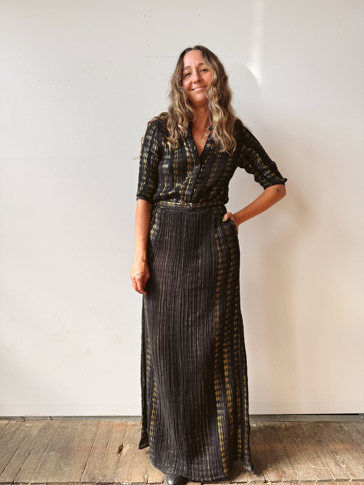 Black Gauze and Gold Contemporary Maxi Dress (S)
