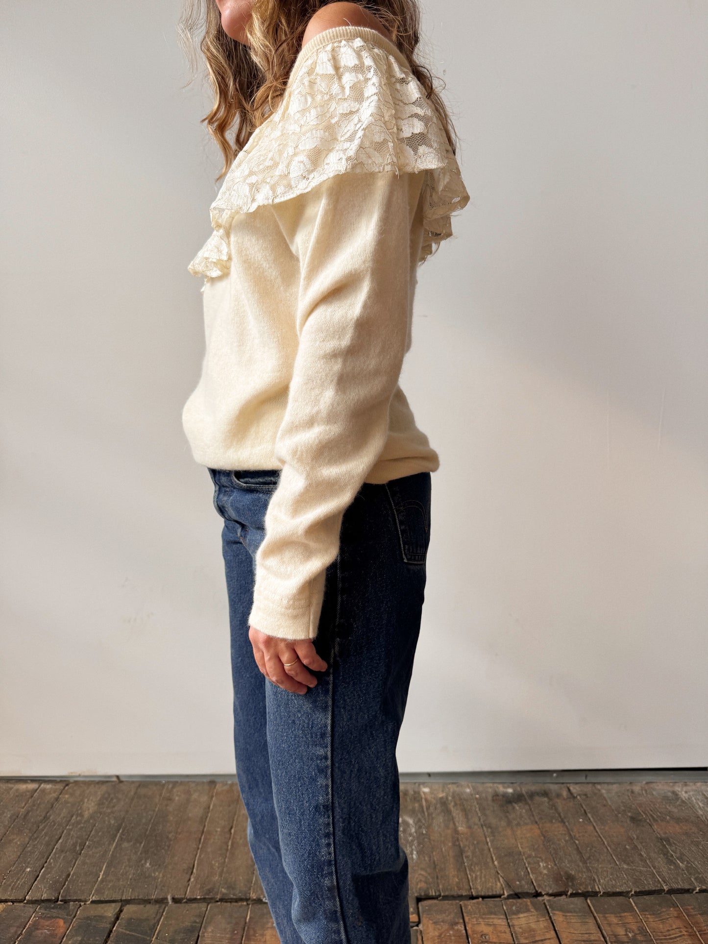 Angora and Lace 90s Off-The-Shoulder Sweater (M)