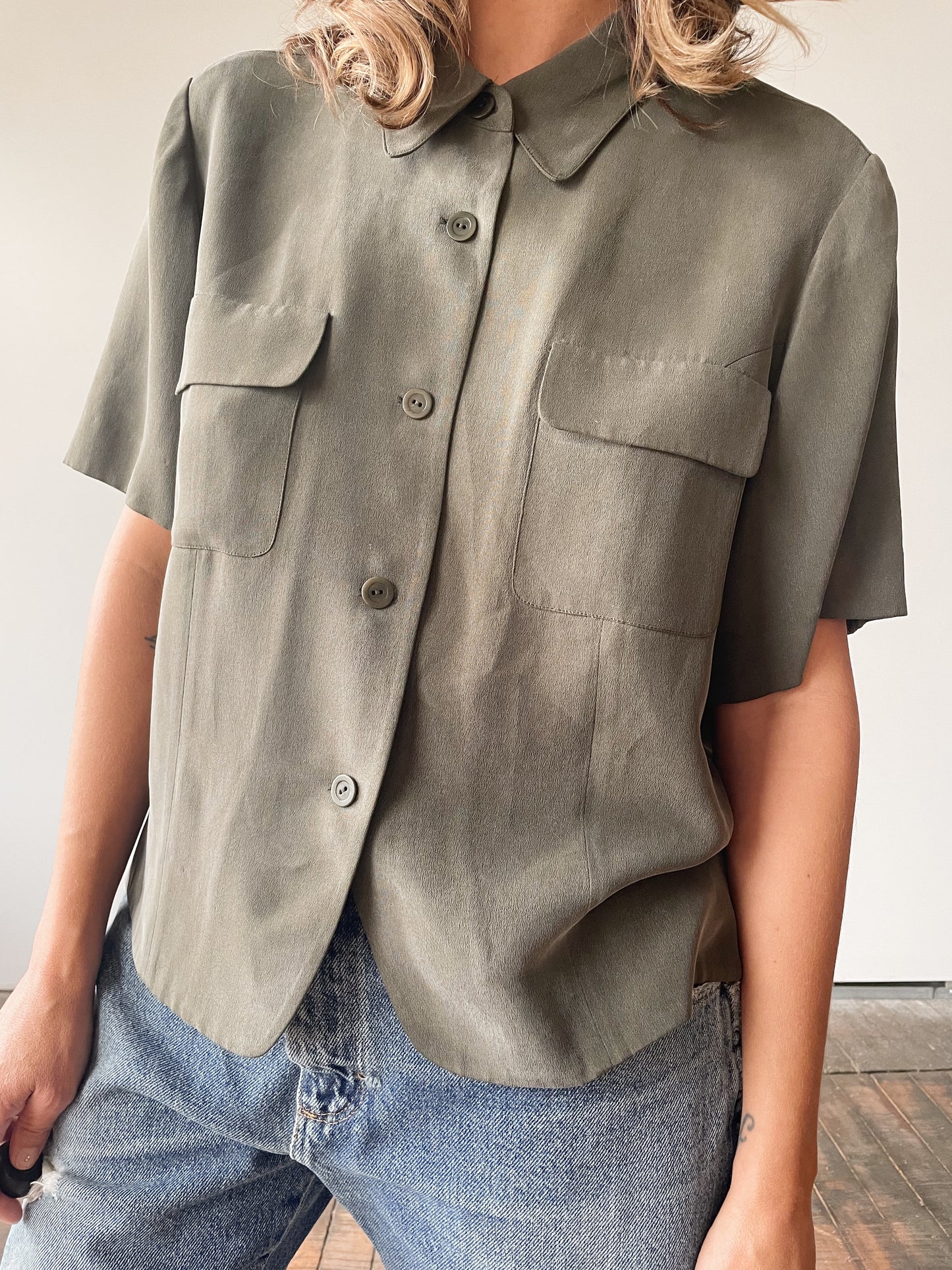 Silk Khaki Safari Blouse (M)