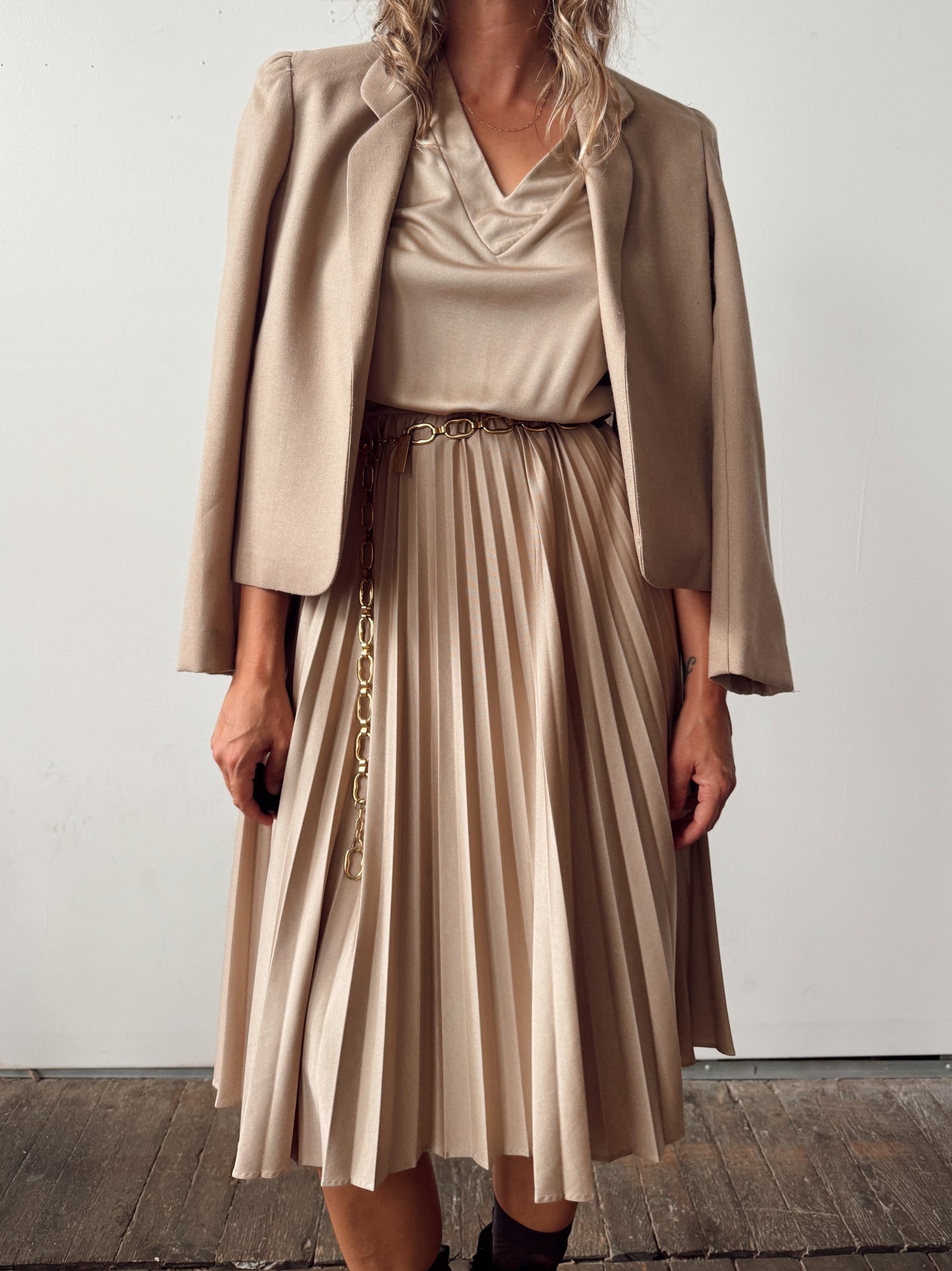 Pleated Beige V-Neck Dress and Cropped Jacket (M)