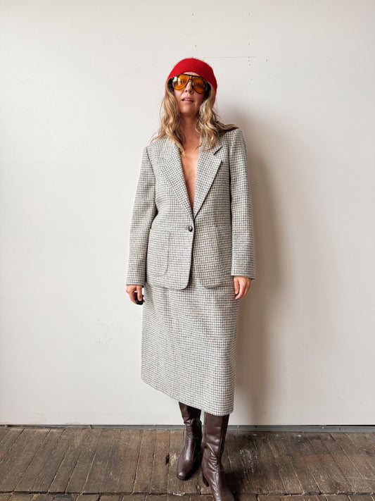 Houndstooth Wool 70s Skirt Suit Set (M)