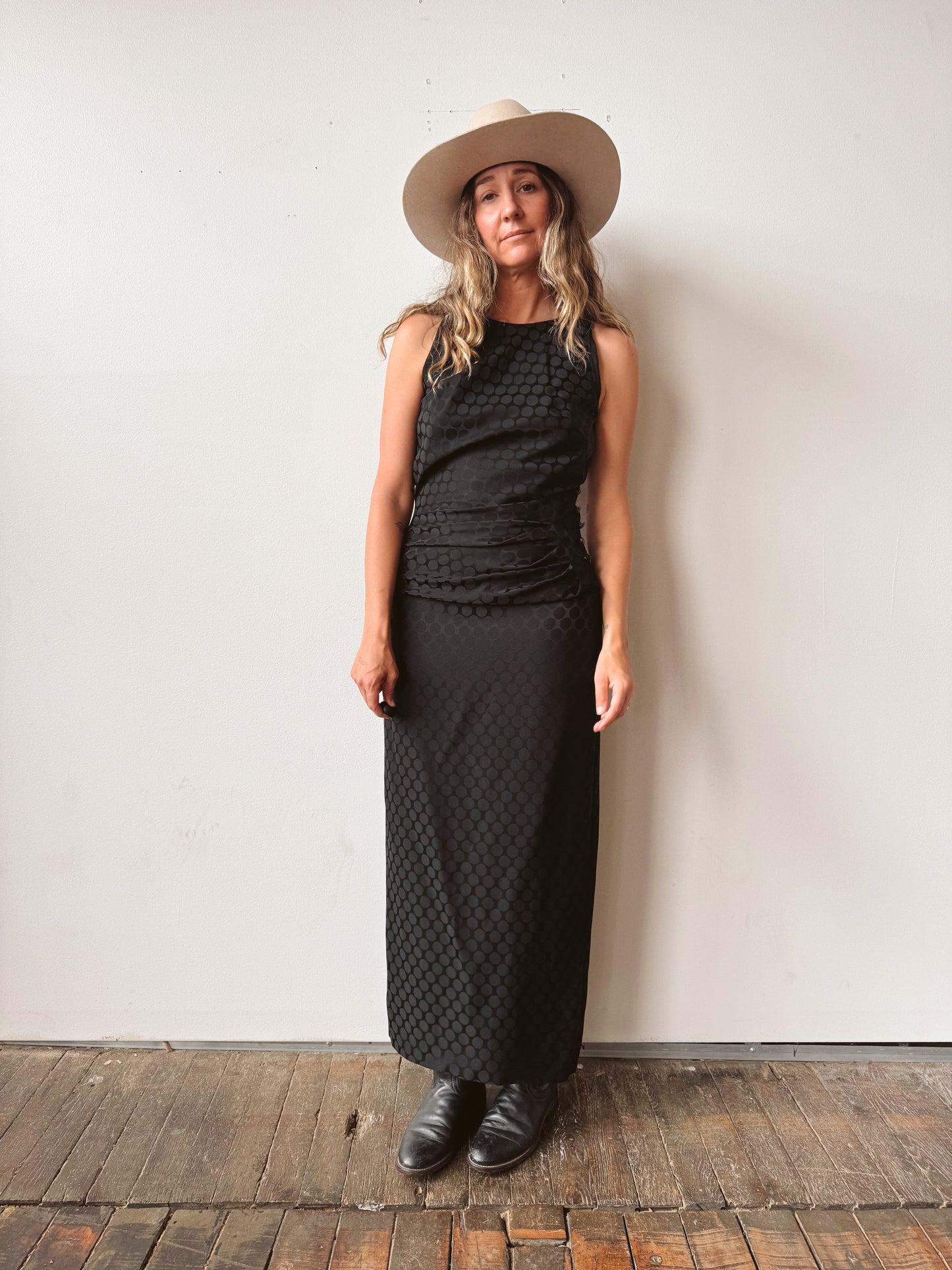 Polka Dot Black 90s Ruche Dress (4)