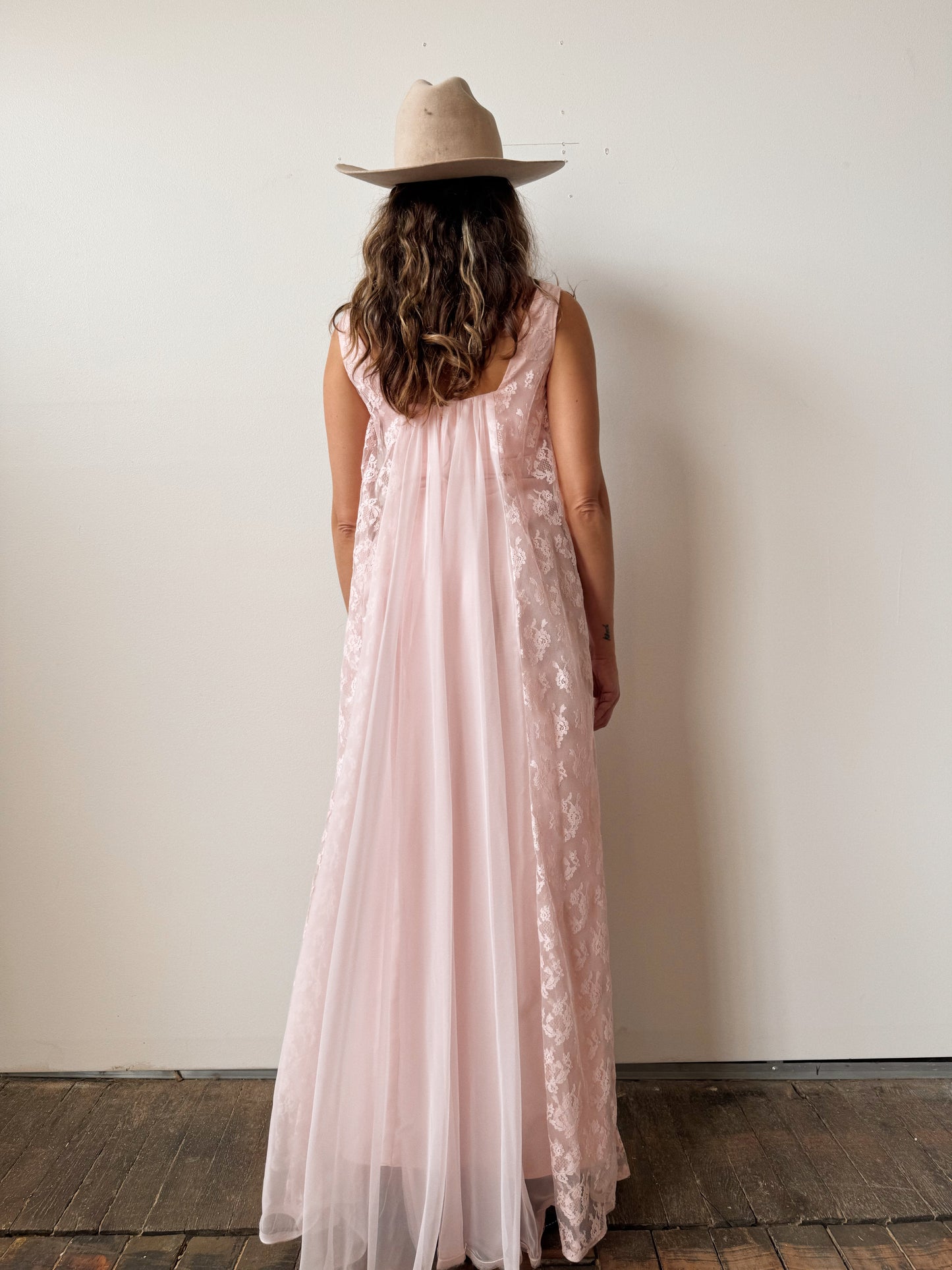 60s Baby Pink Lace Chiffon Empire Dress (XS)