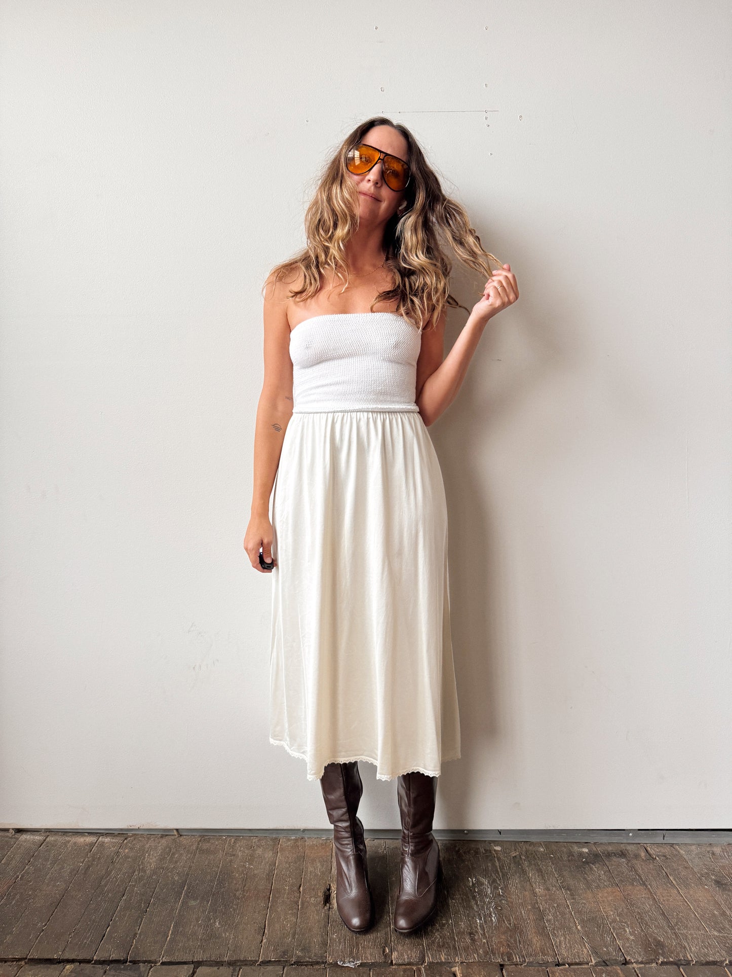 Cream Nylon Midi 70s Slip Skirt (M)