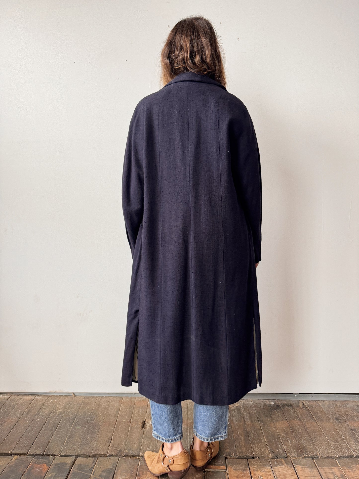 Navy 60s Wool Blend Overcoat with Stripe Lining (M)