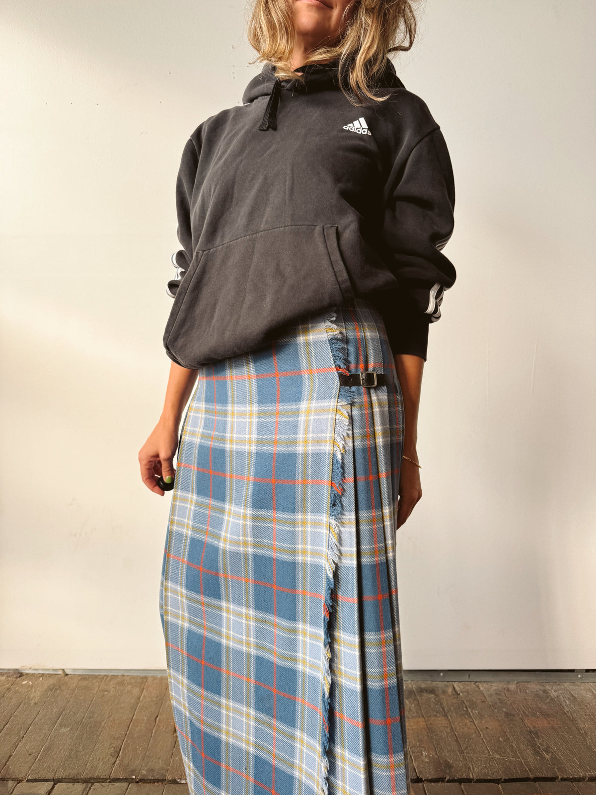 Wool Plaid Wrap Pleat Skirt with Leather Straps