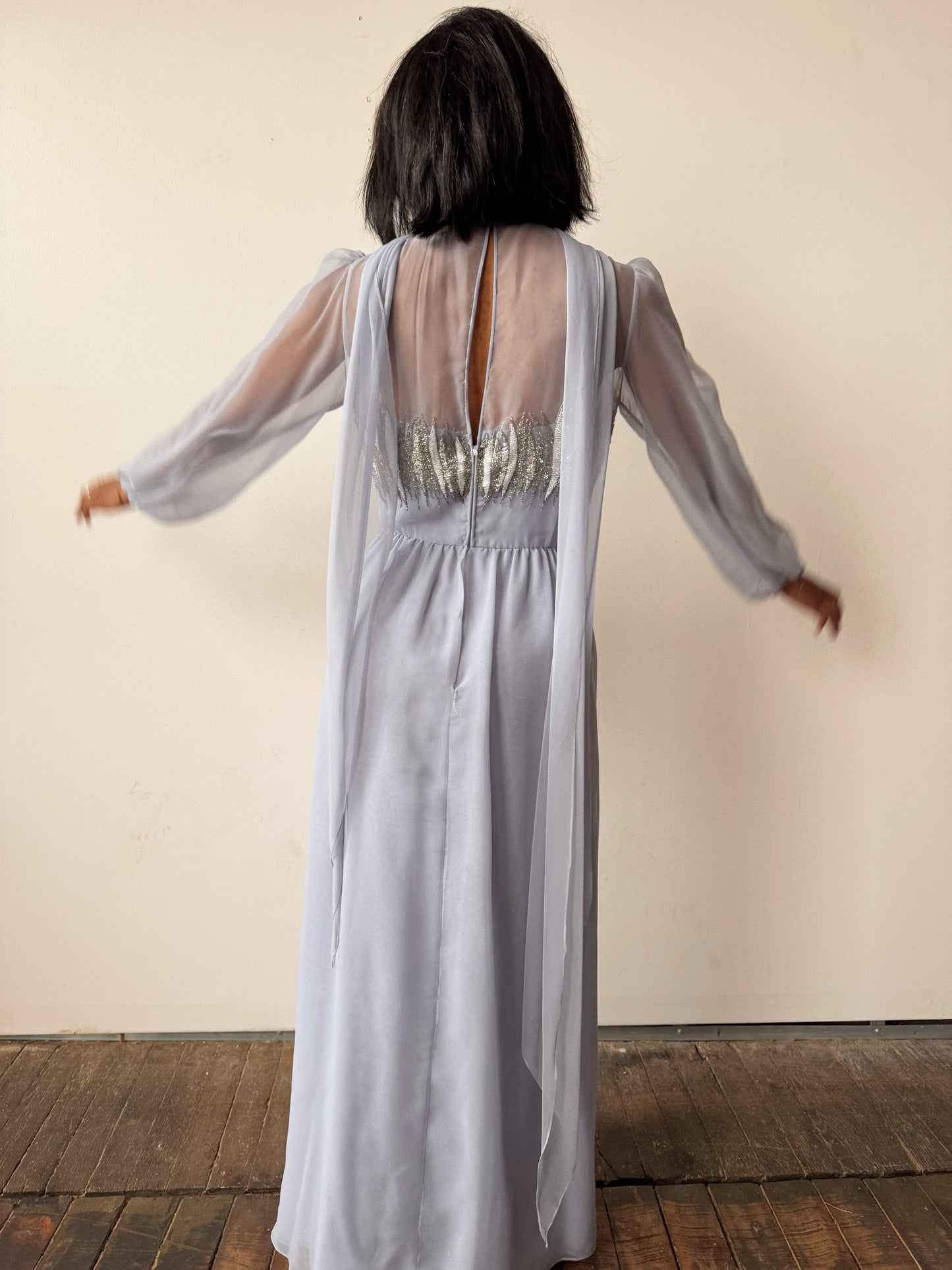 Vintage Beaded Chiffon Sheer Details 70s Dress (M)