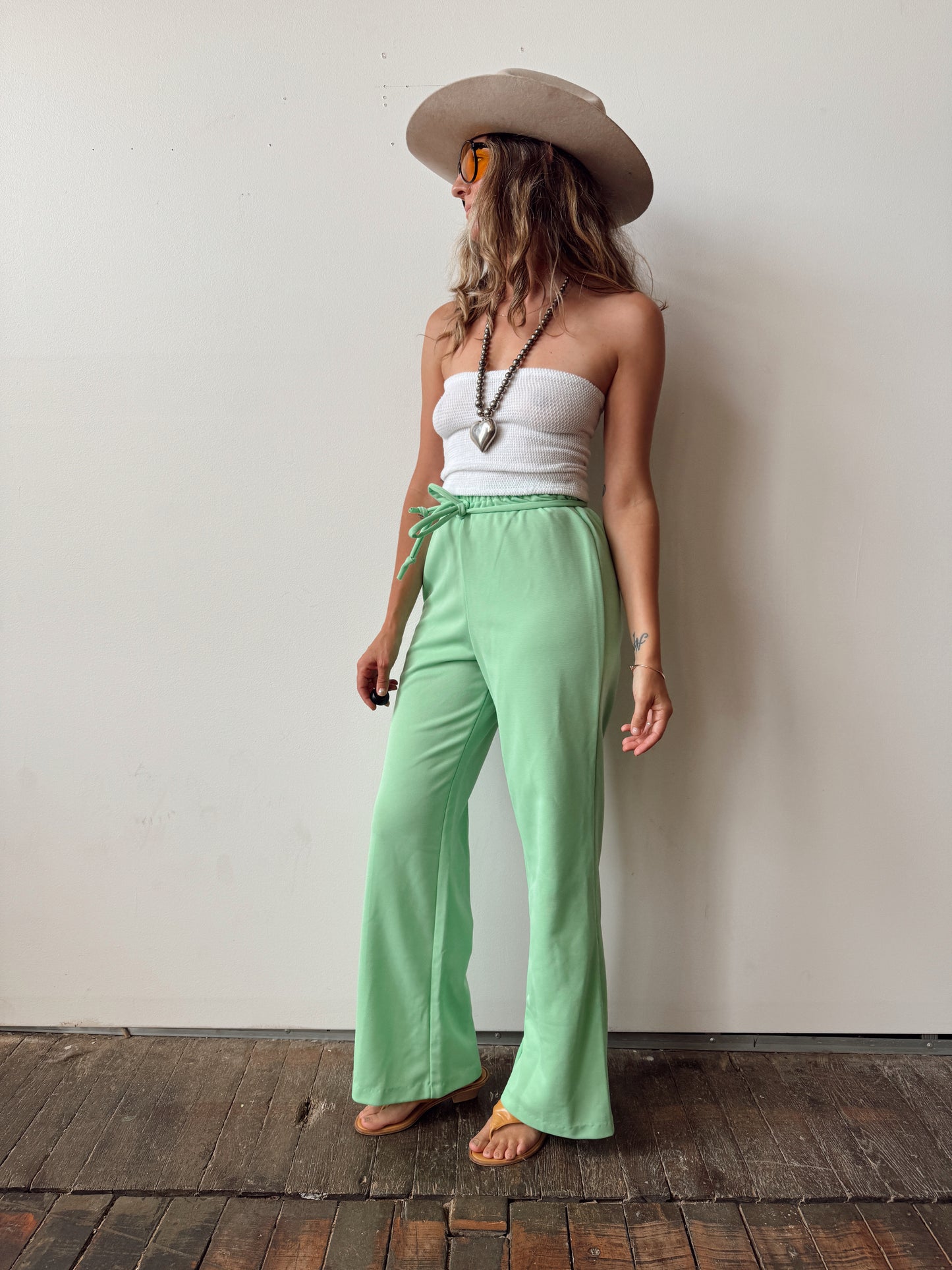 70s Peppermint Polyester Trouser Pant with Tie (25" elastic)