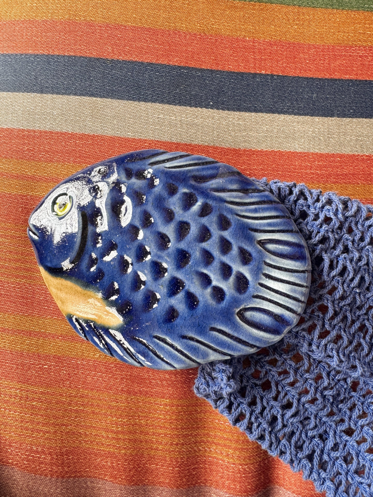 Blue Ceramic Fish Buckle with Crochet Strap 90s Belt