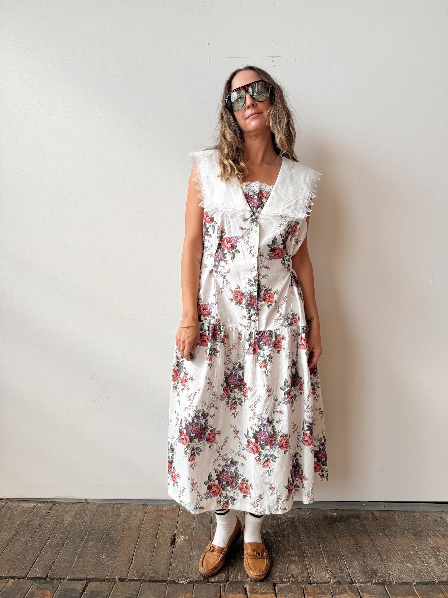 Floral 90s Lace Cotton Dress (M)
