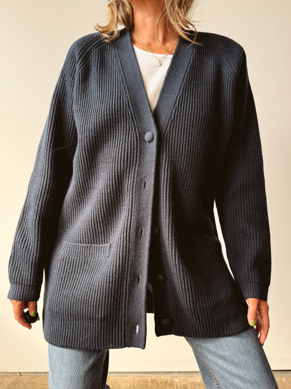 Ribbed Navy 00s Cardigan (L)