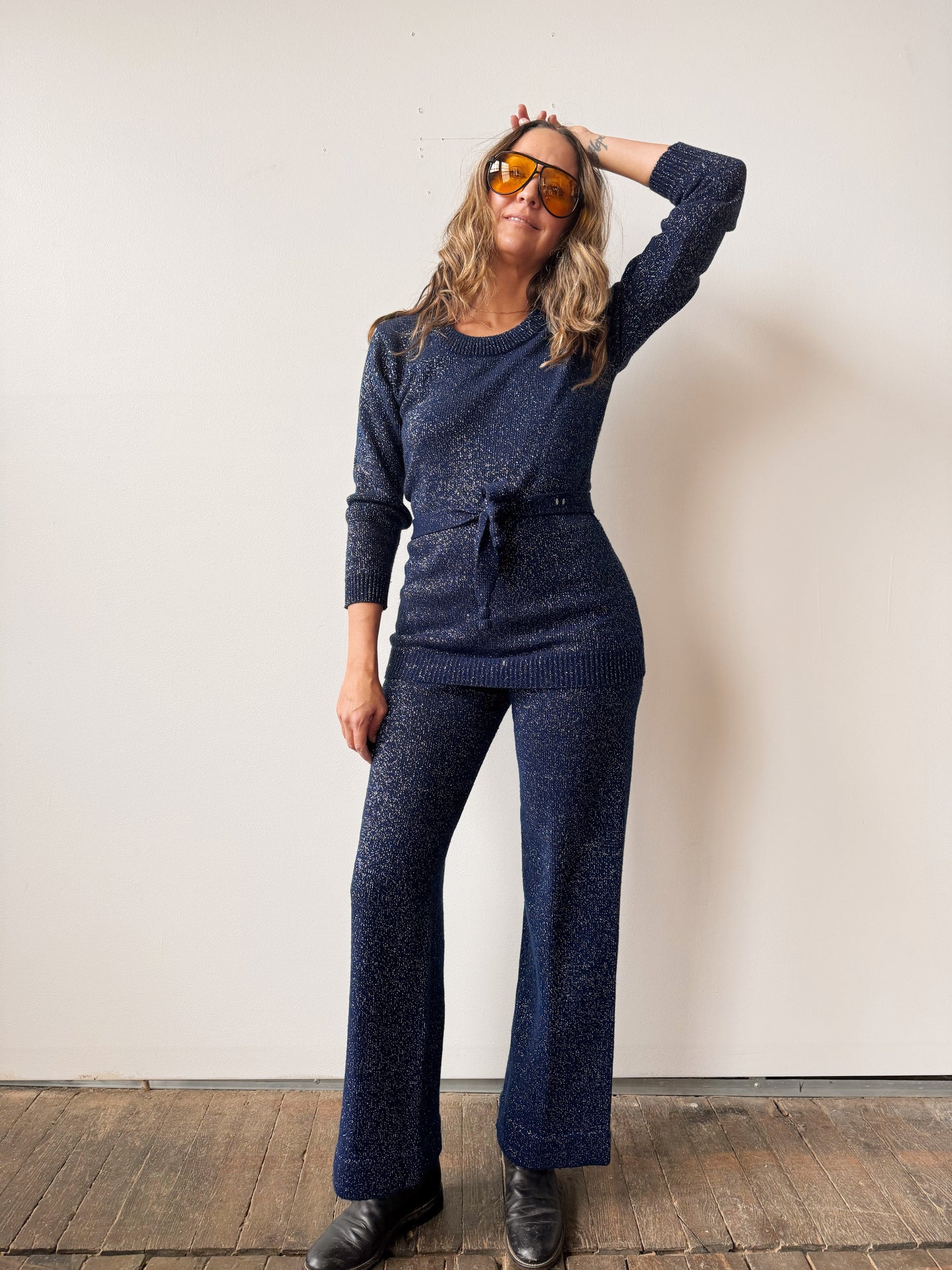 60s Navy and Metallic Knit Pant Suit (M)