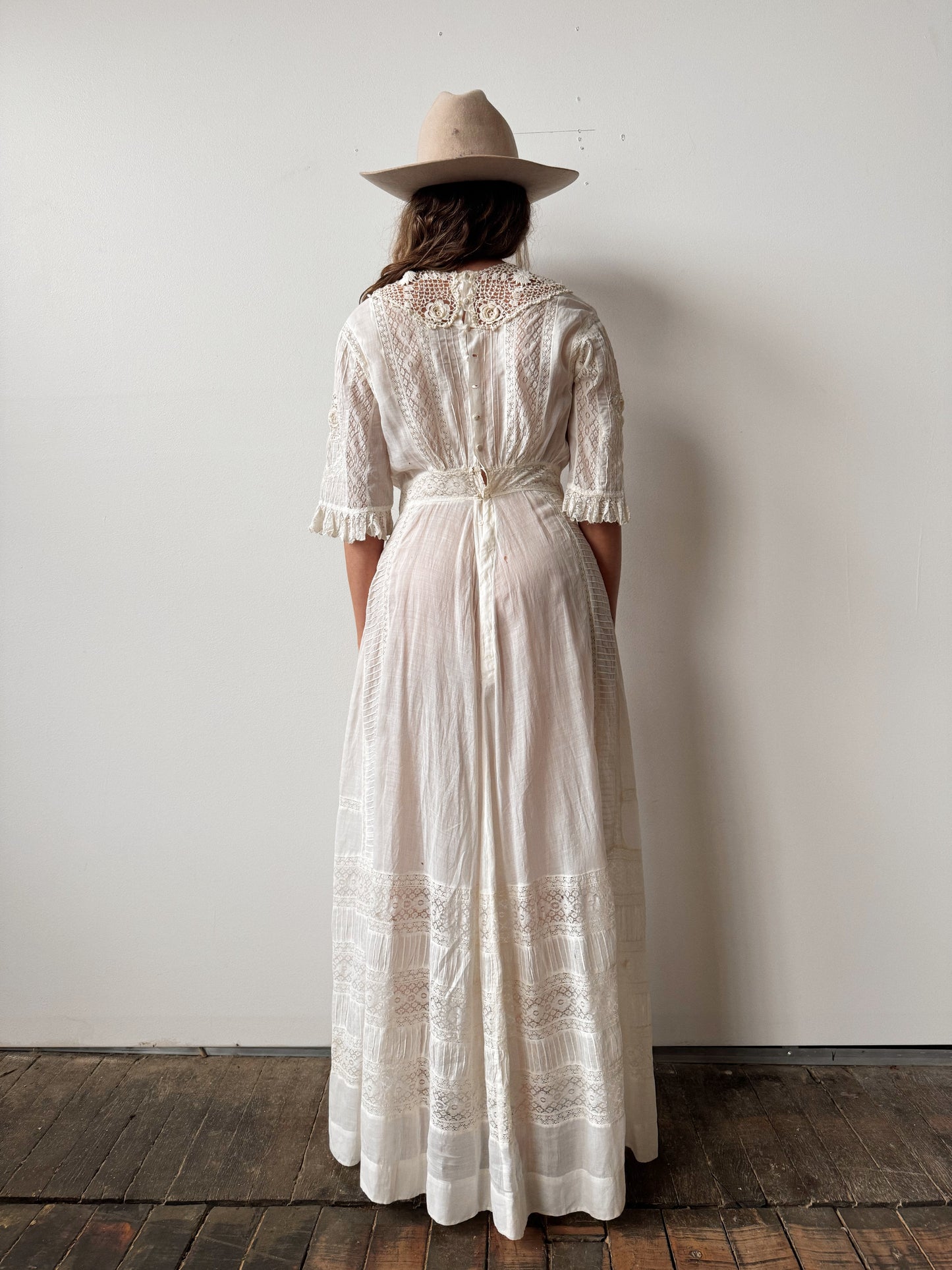 Antique Edwardian 1900s White Cotton Lace Dress (M)