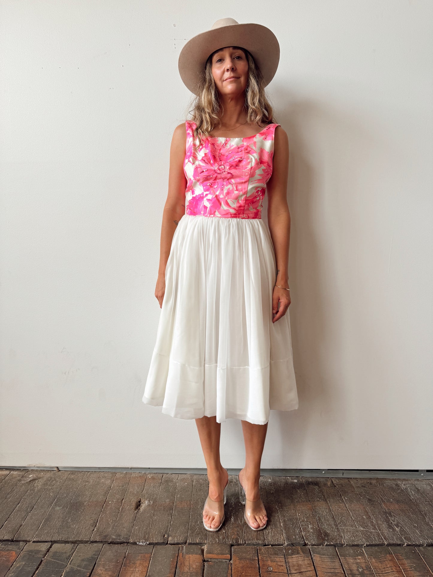 60s Pink Beaded with Chiffon Pleat Skirt (L)