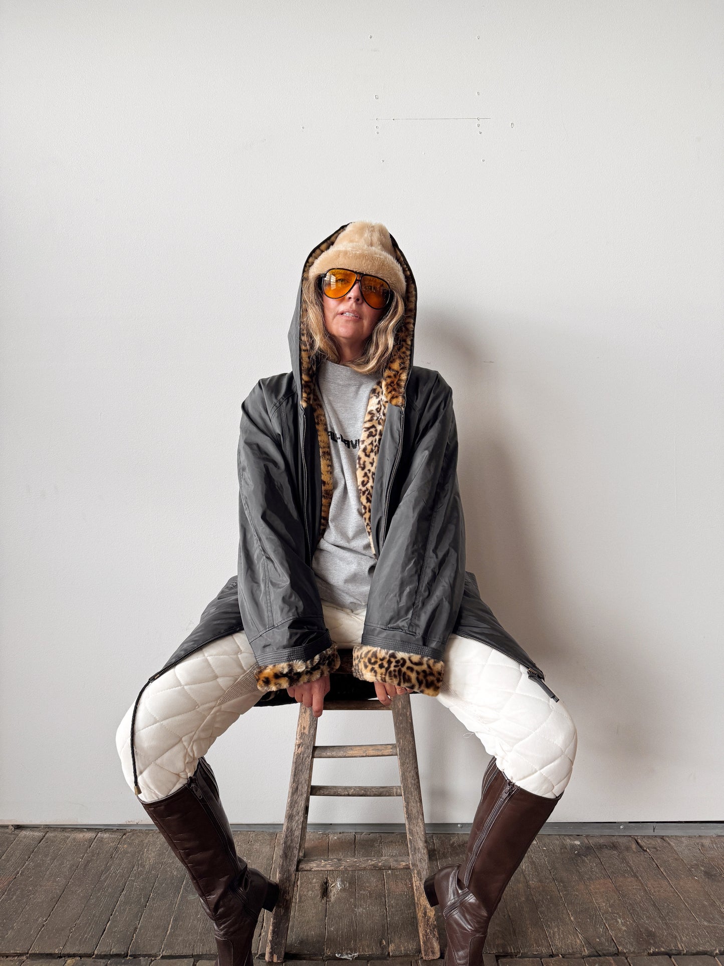 Leopard Faux Fur-Lined Parka Coat with Hood (L)