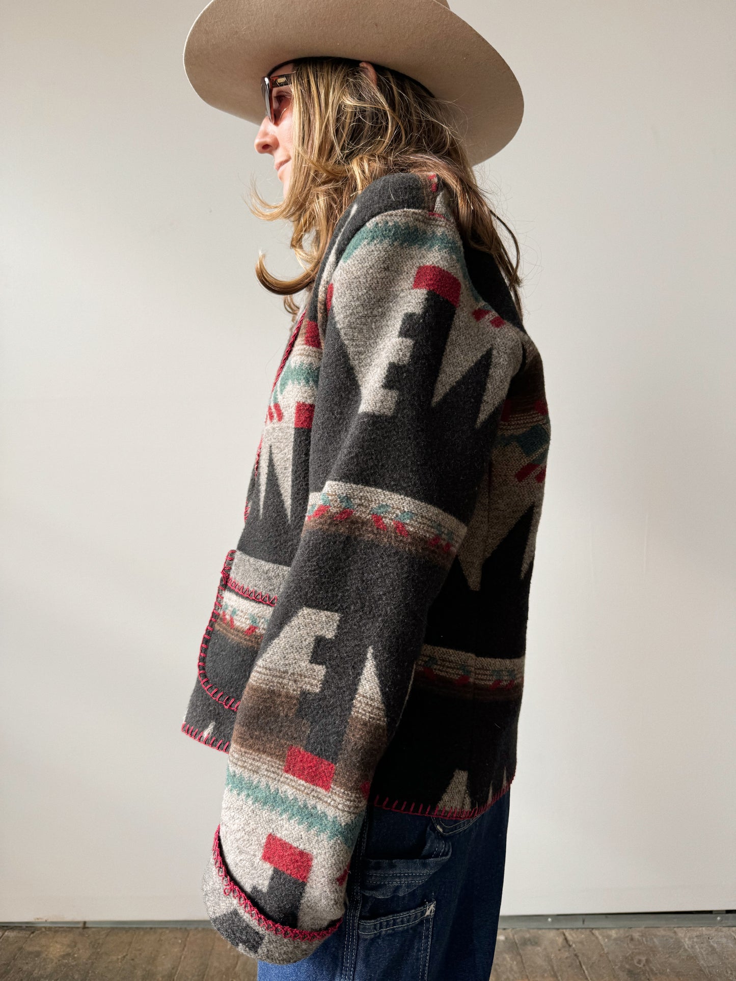 Blanket Jacket Southwestern Print Coat Wool Blend (L)