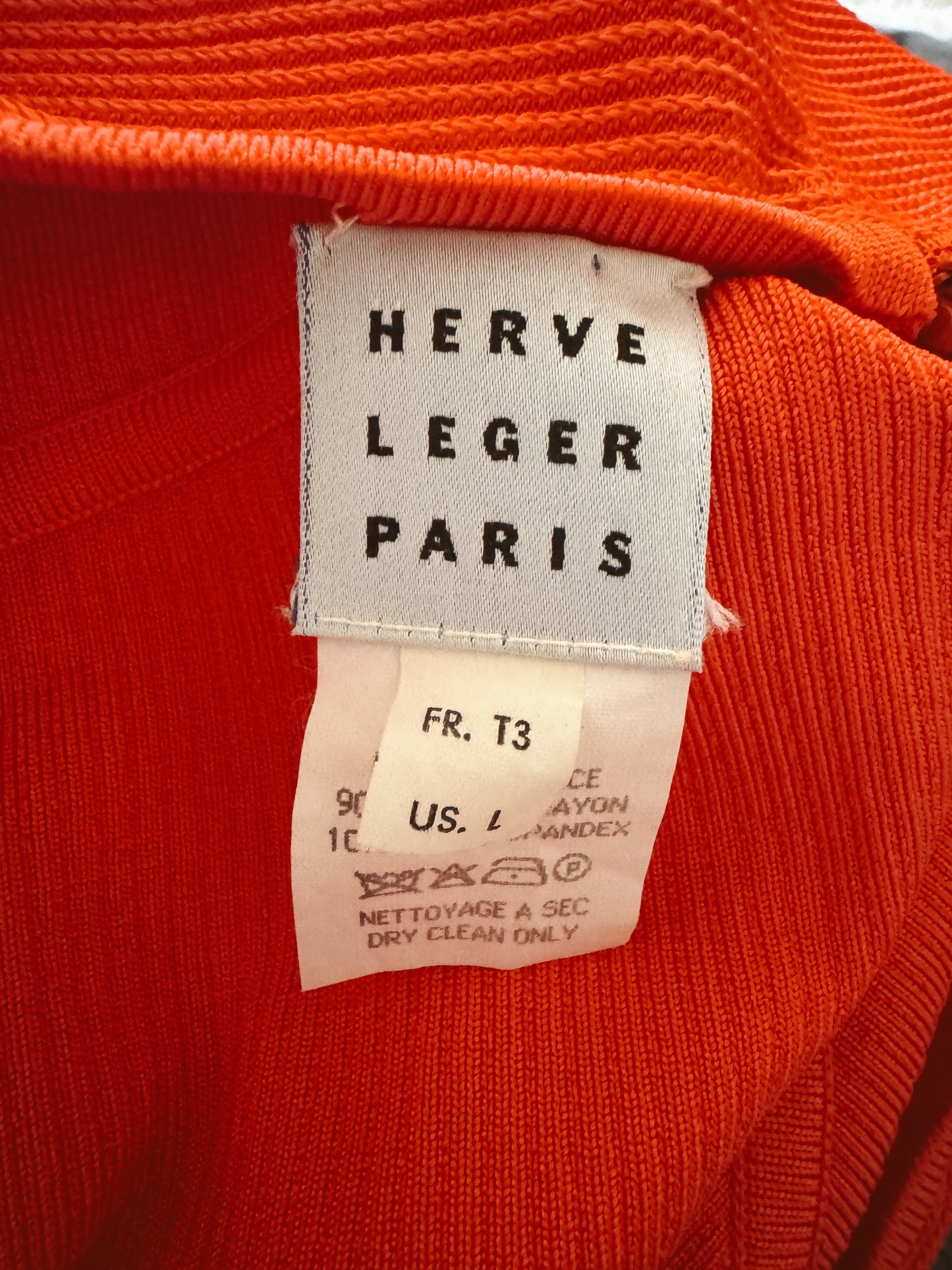 Herve Leger Paris Coral Ribbed Bandage Dress (L)