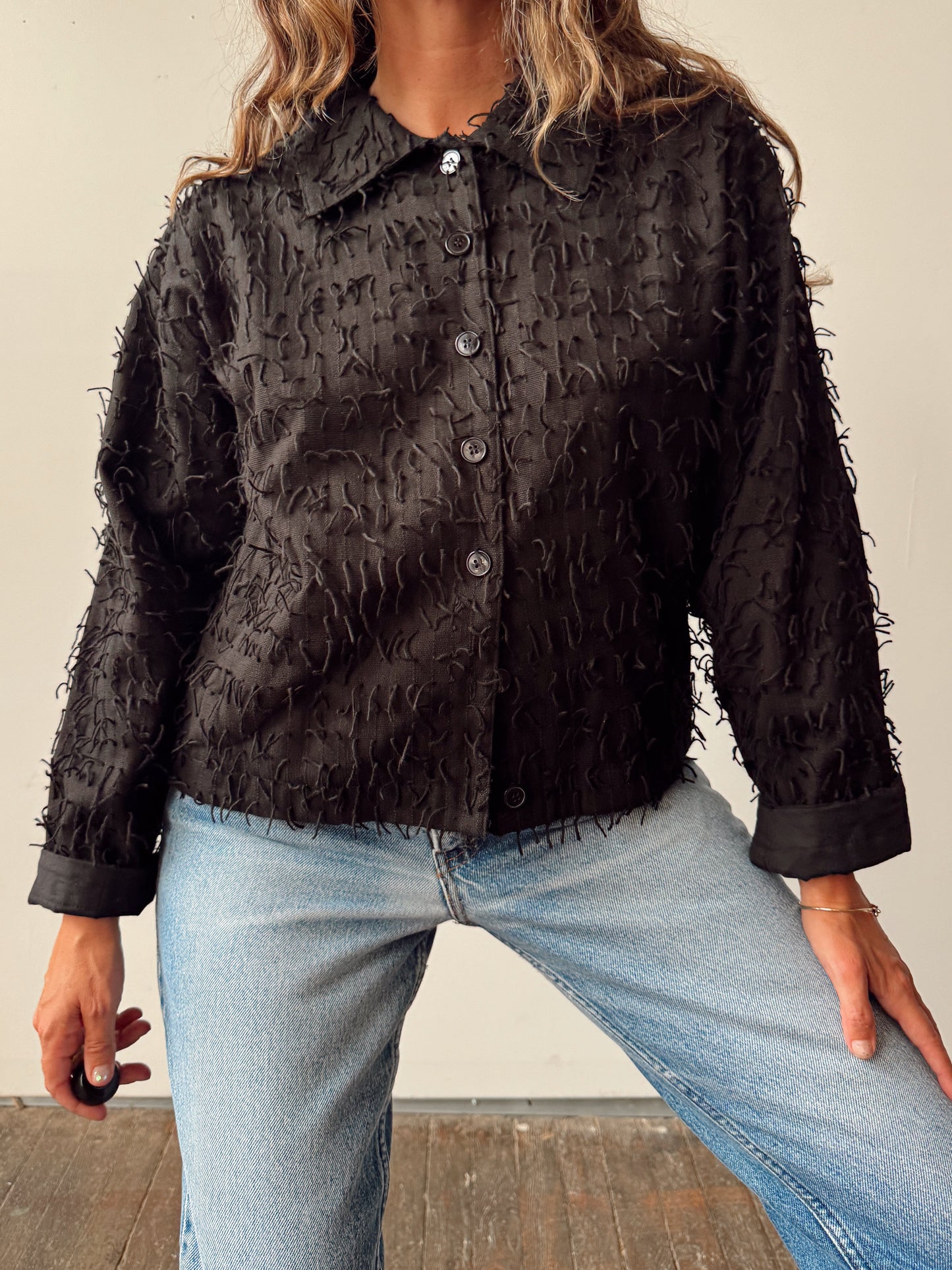 90s Vintage Fringe Woven Jacket Blouse (S)