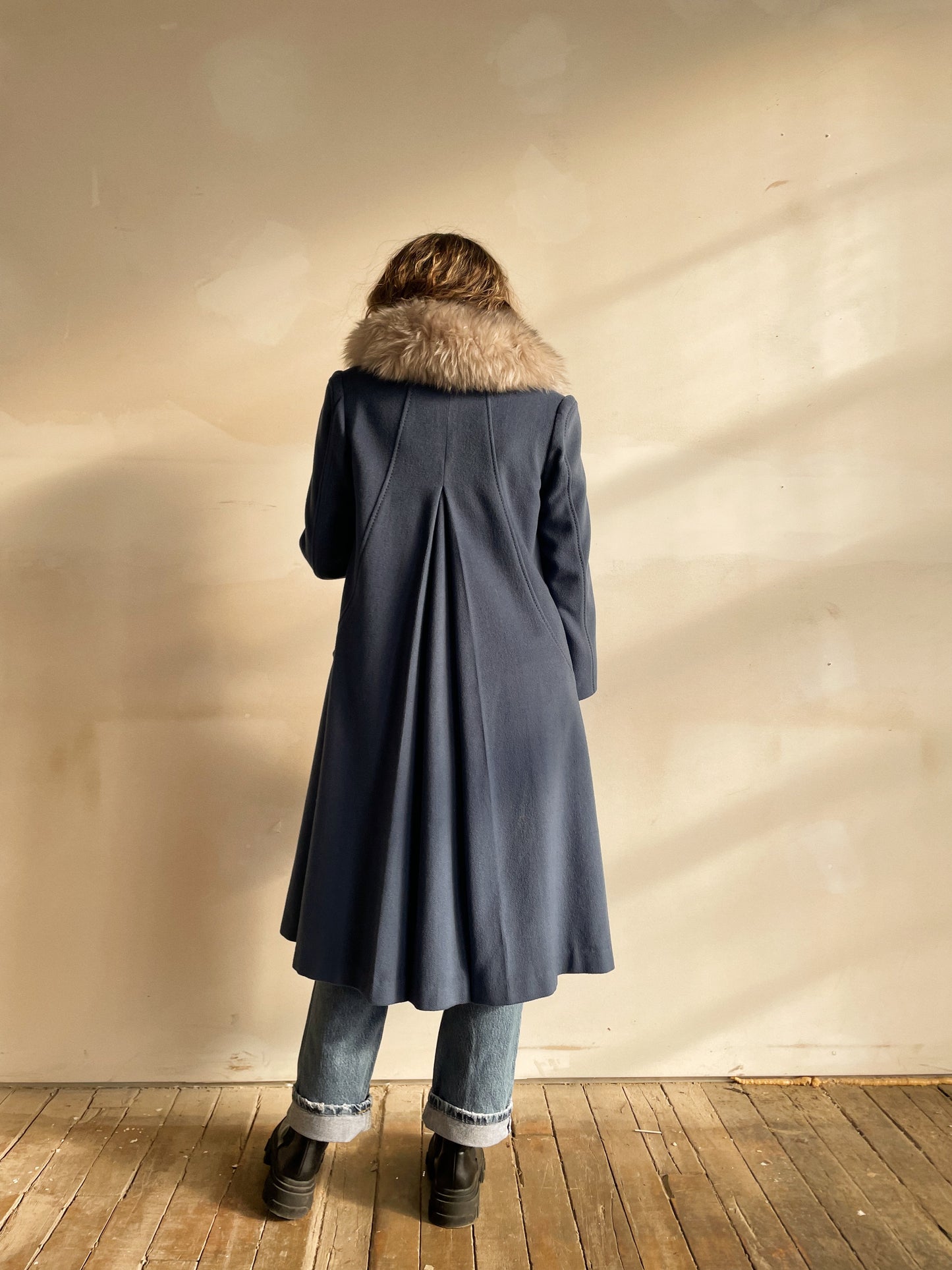 Blue Swing Coat with Fur Collar