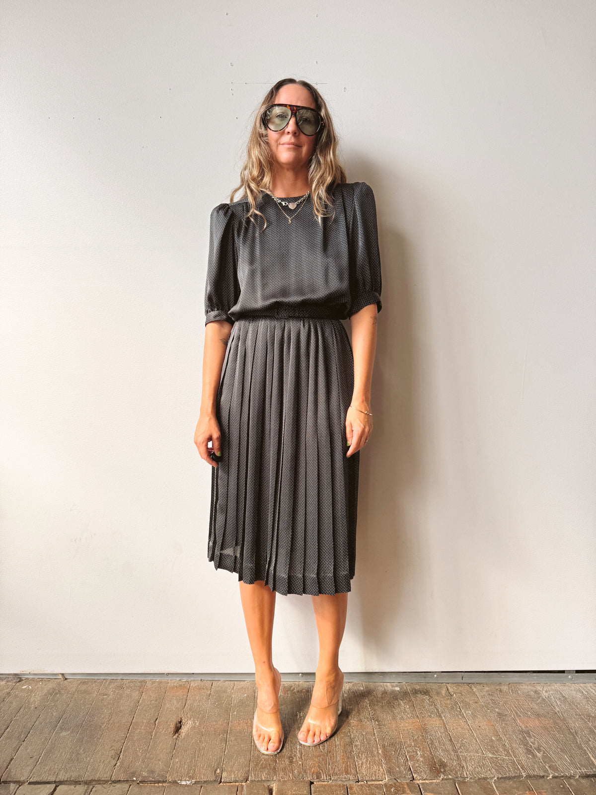 Ditzy Polka Dot Puff Sleeve 90s Pleat Dress (S)