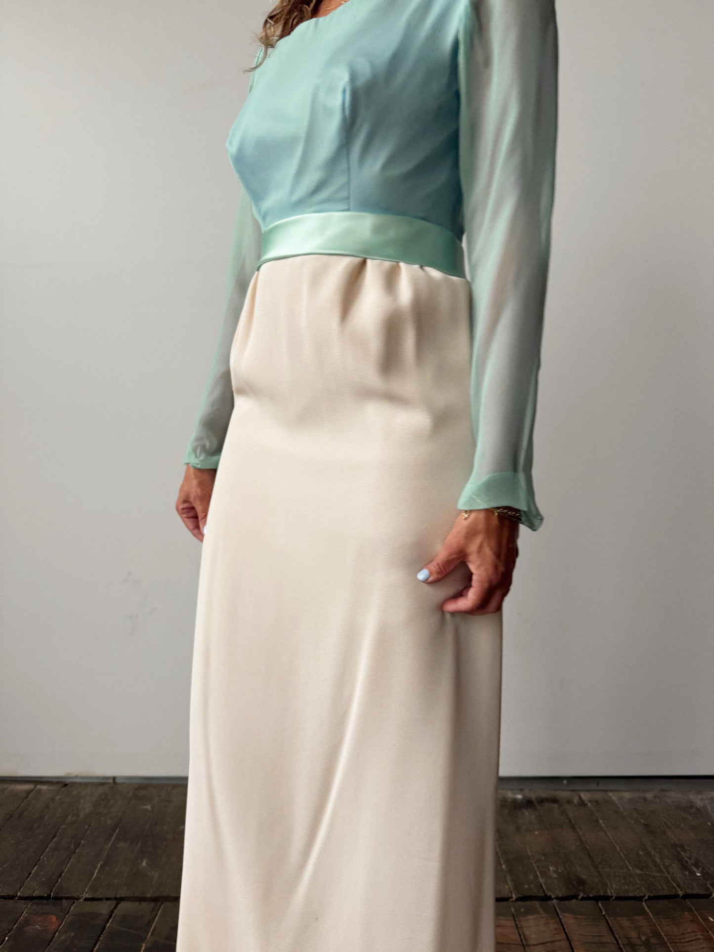 Chiffon 60s Seafoam and Cream Formal Dress (M)