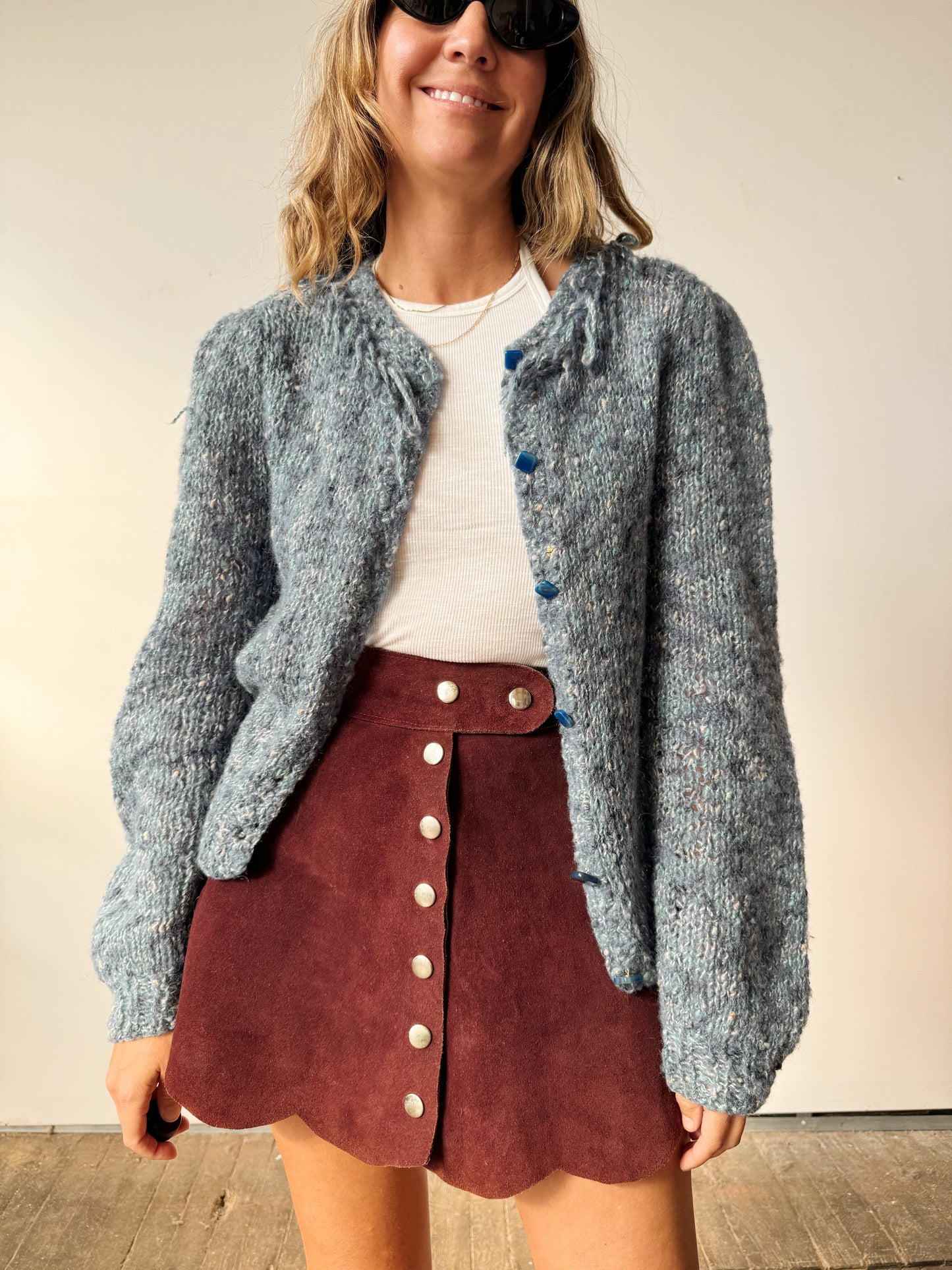 Fringe Collar Melange Blue Cardigan (M)