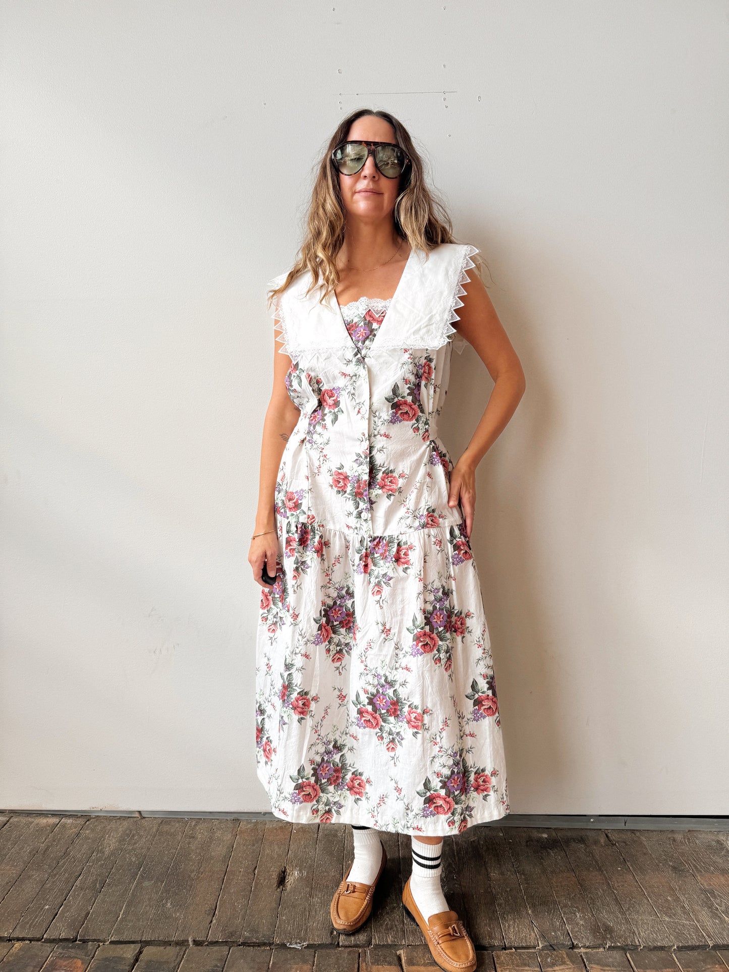 Floral 90s Lace Cotton Dress (M)