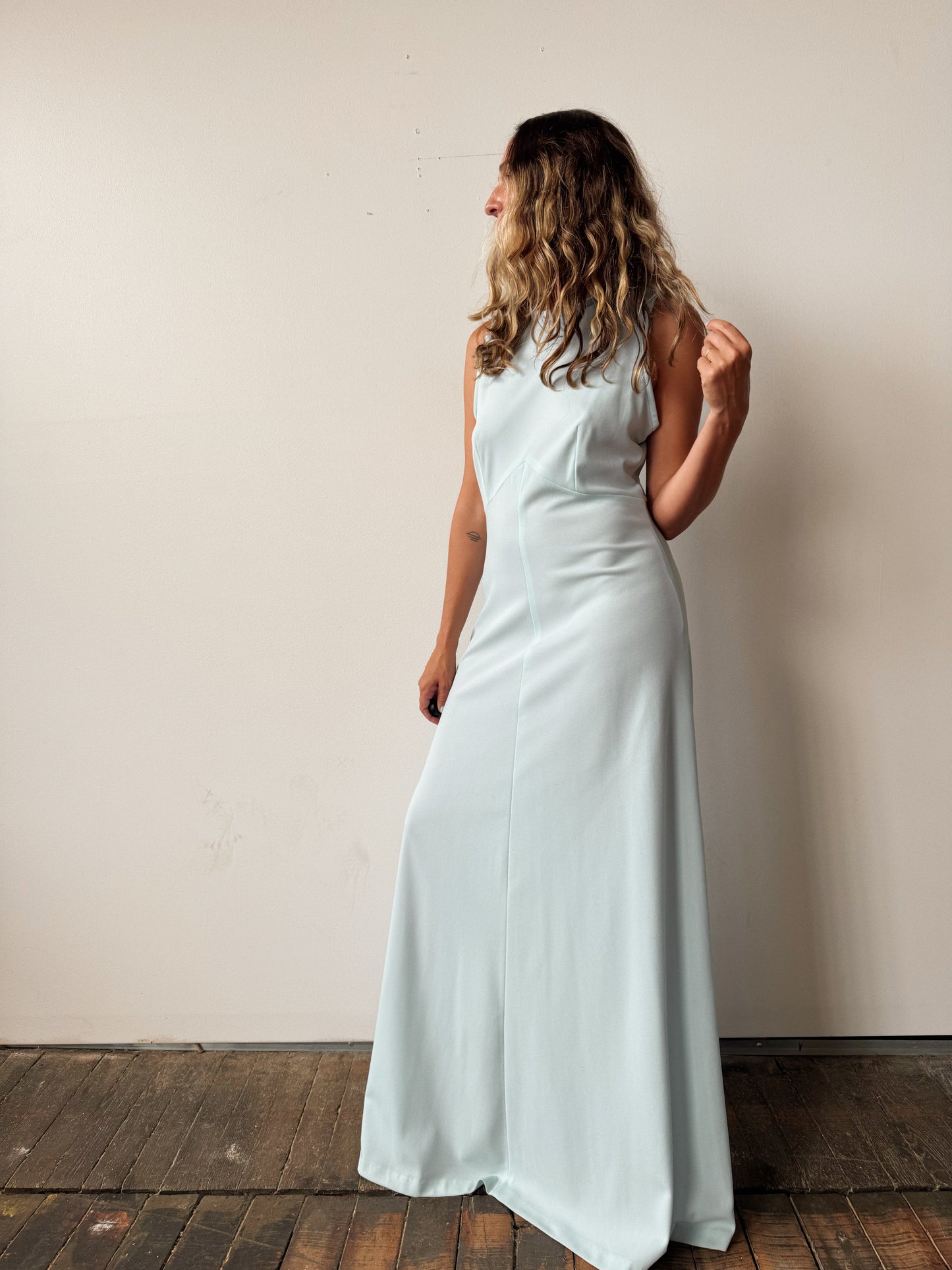 60s Polyester Baby Blue Maxi Dress with Seaming (M)