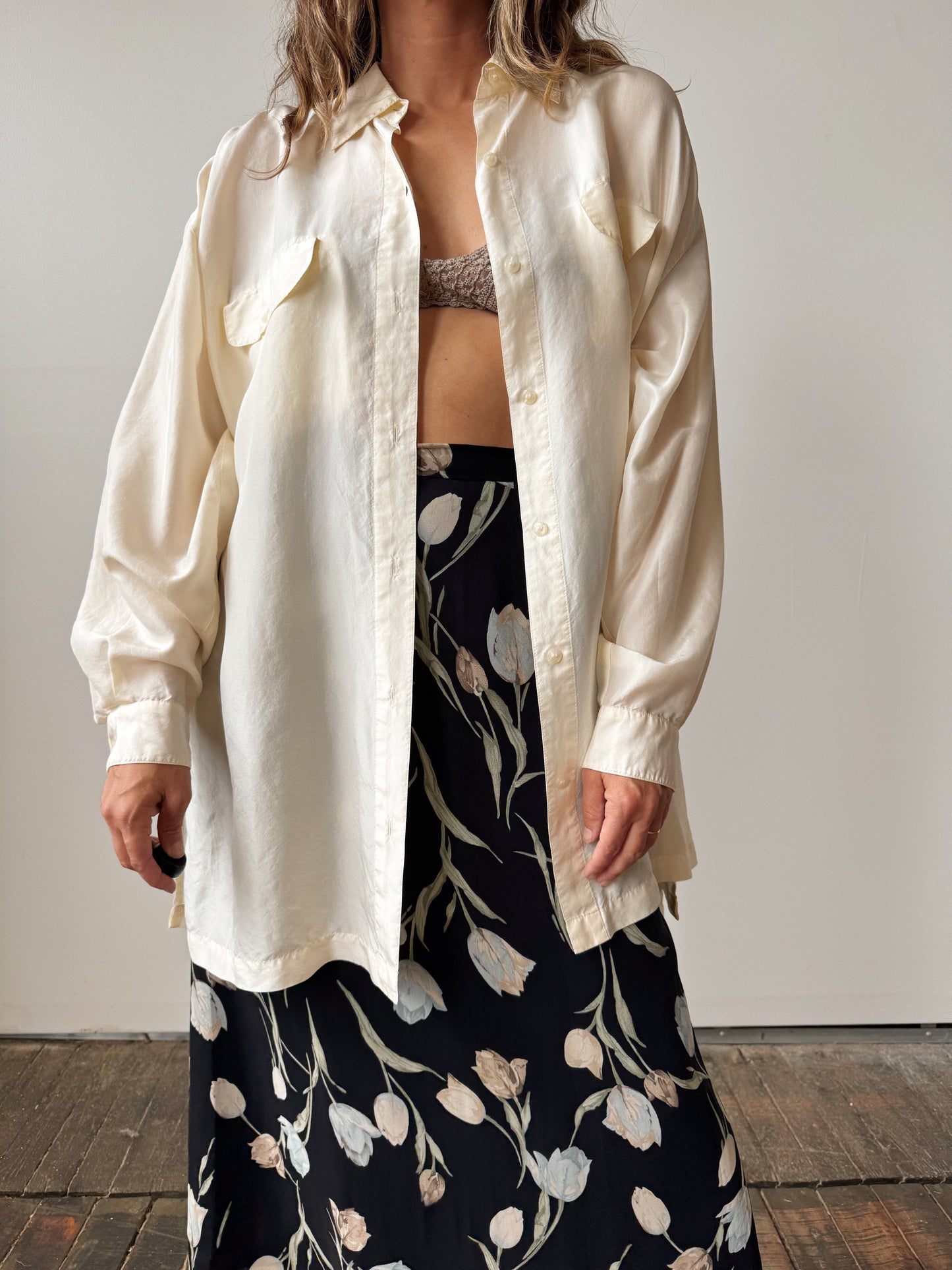 Silk 90s Oversize Ivory Blouse (M)