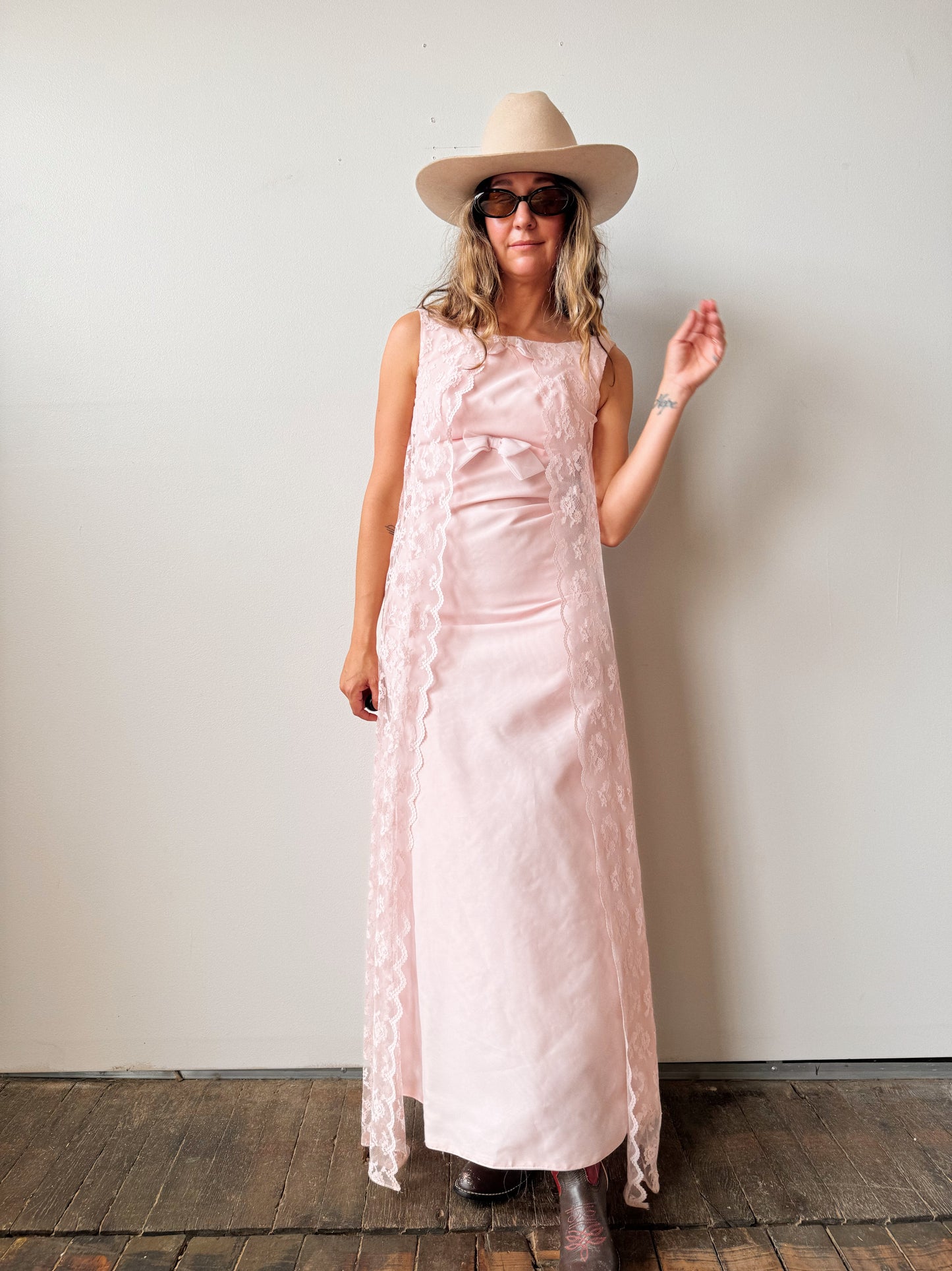 60s Baby Pink Lace Chiffon Empire Dress (XS)