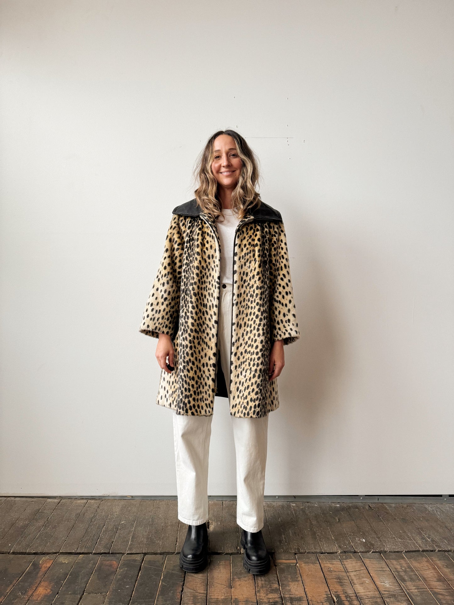 60s Safari Leopard Coat and Leather Swing Coat (M)