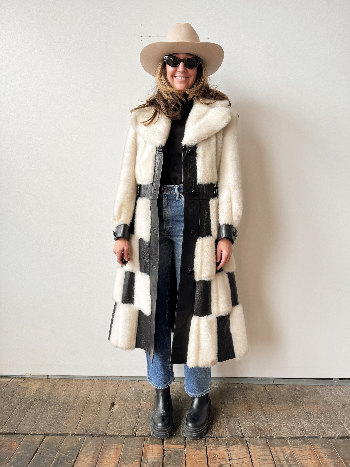 60s Leather and Faux Fur Checkered B&W Coat (M)