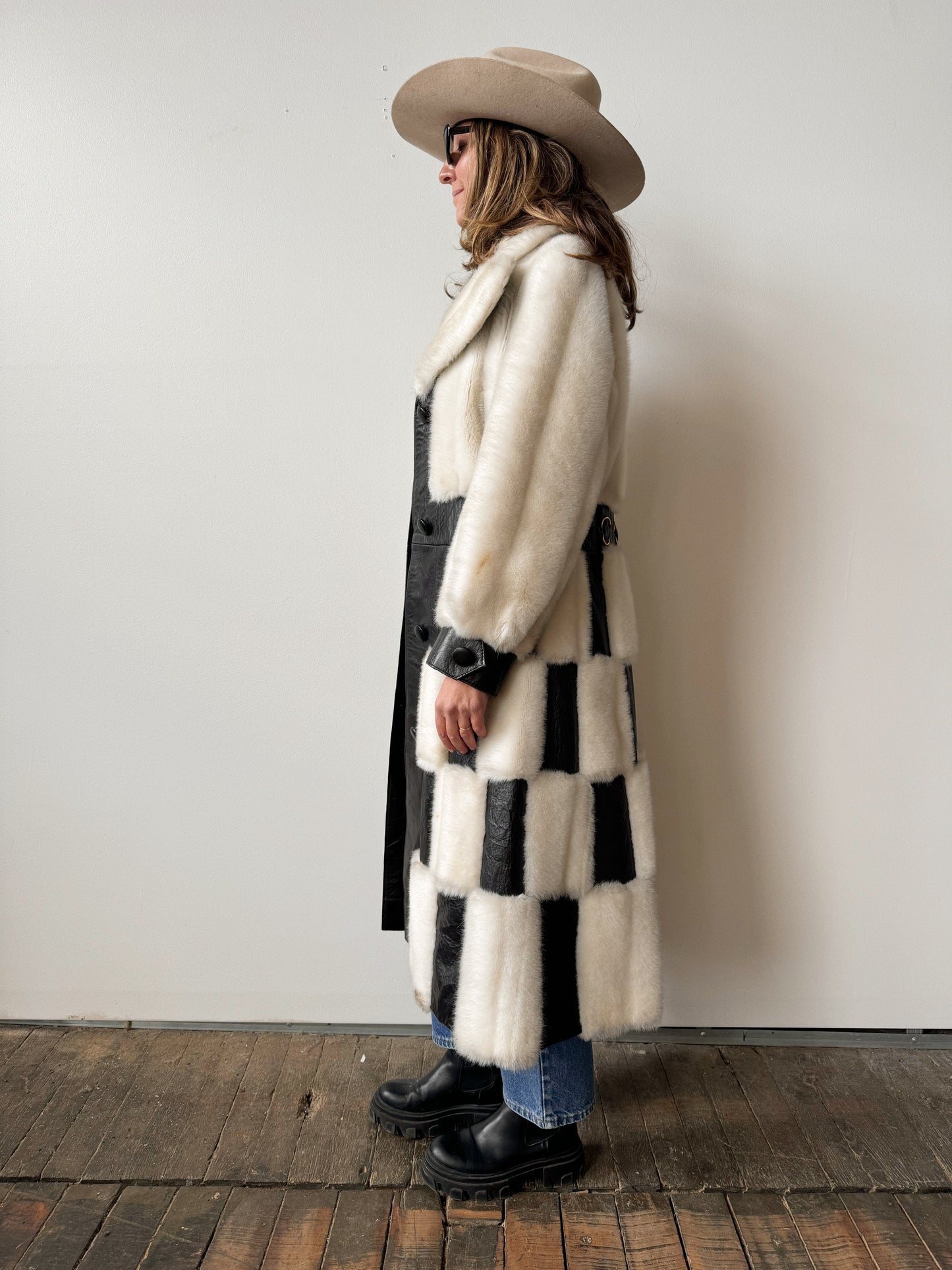 60s Leather and Faux Fur Checkered B&W Coat (M)