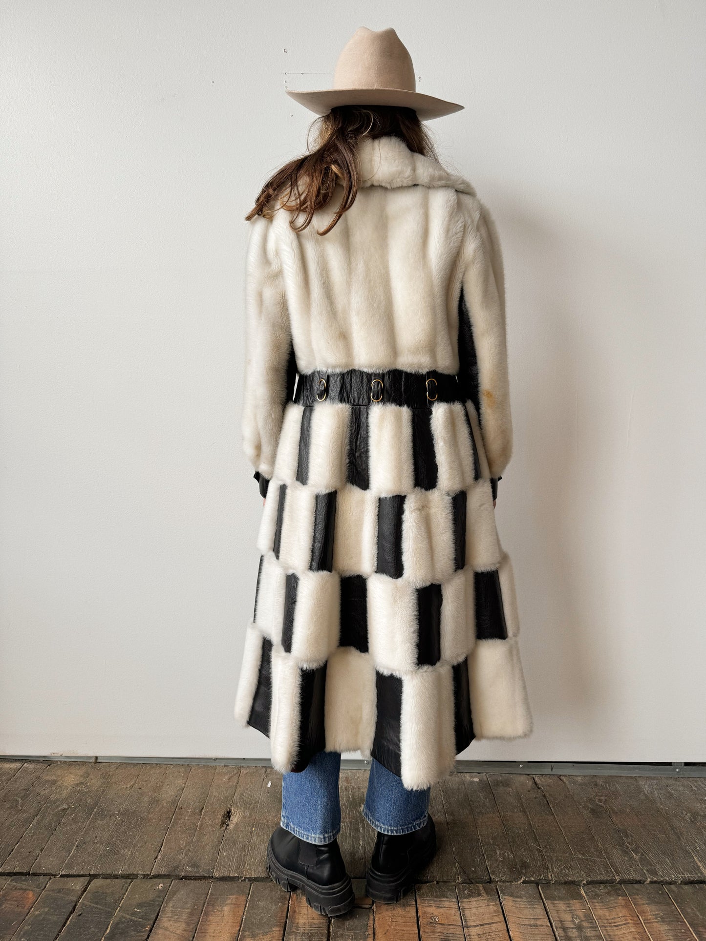 60s Leather and Faux Fur Checkered B&W Coat (M)