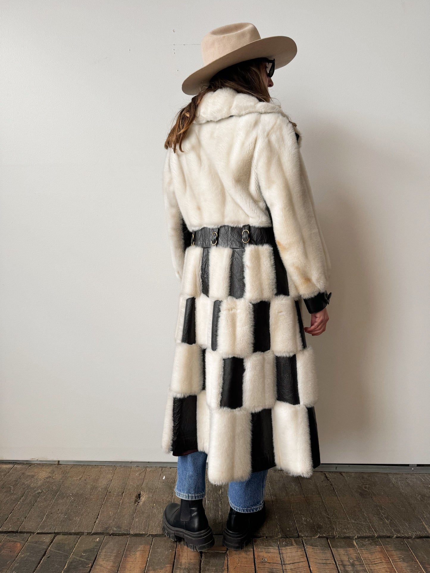 60s Leather and Faux Fur Checkered B&W Coat (M)