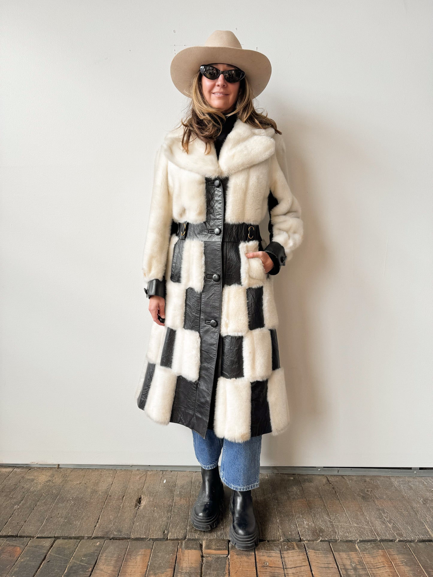 60s Leather and Faux Fur Checkered B&W Coat (M)