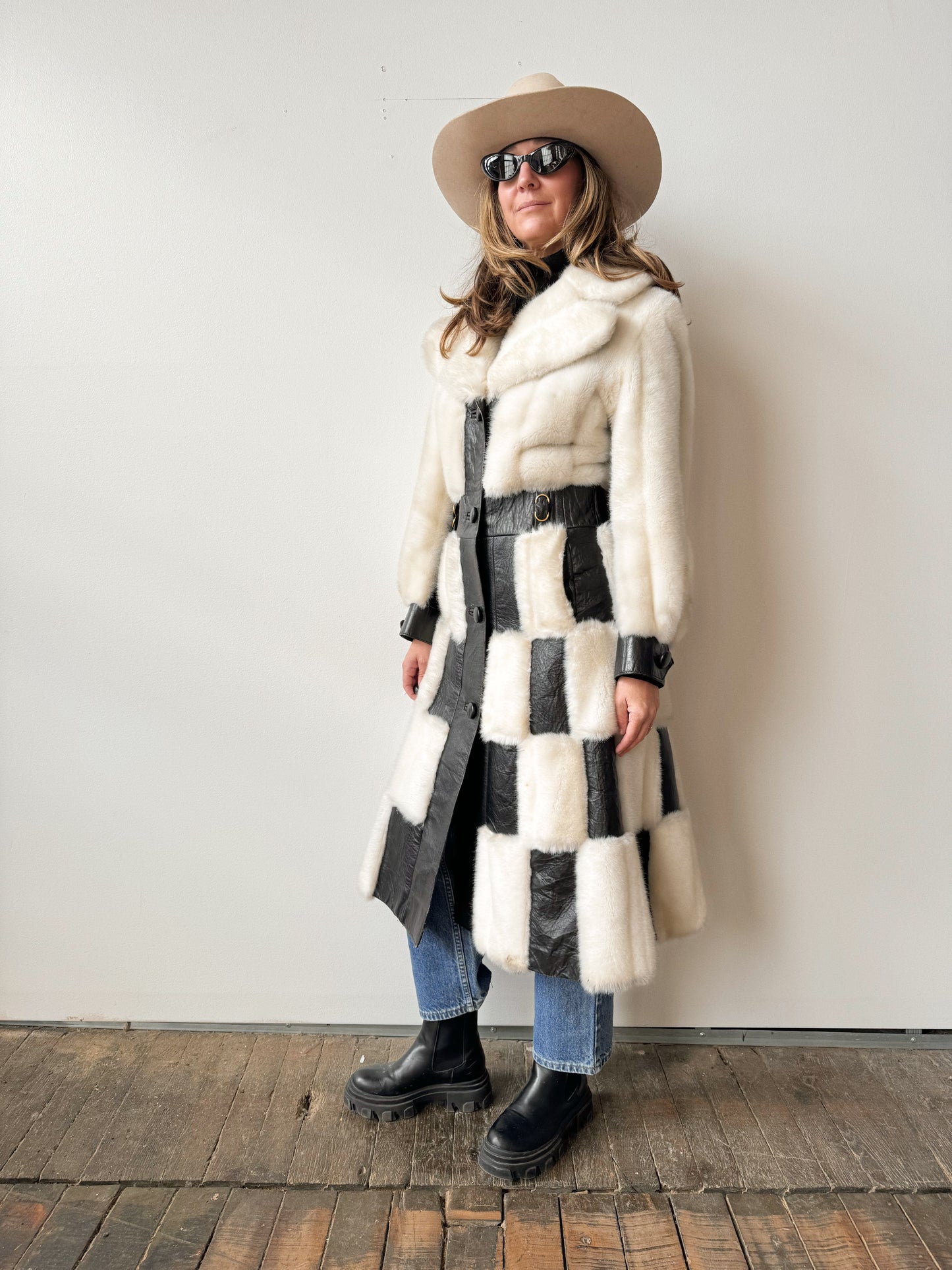 60s Leather and Faux Fur Checkered B&W Coat (M)