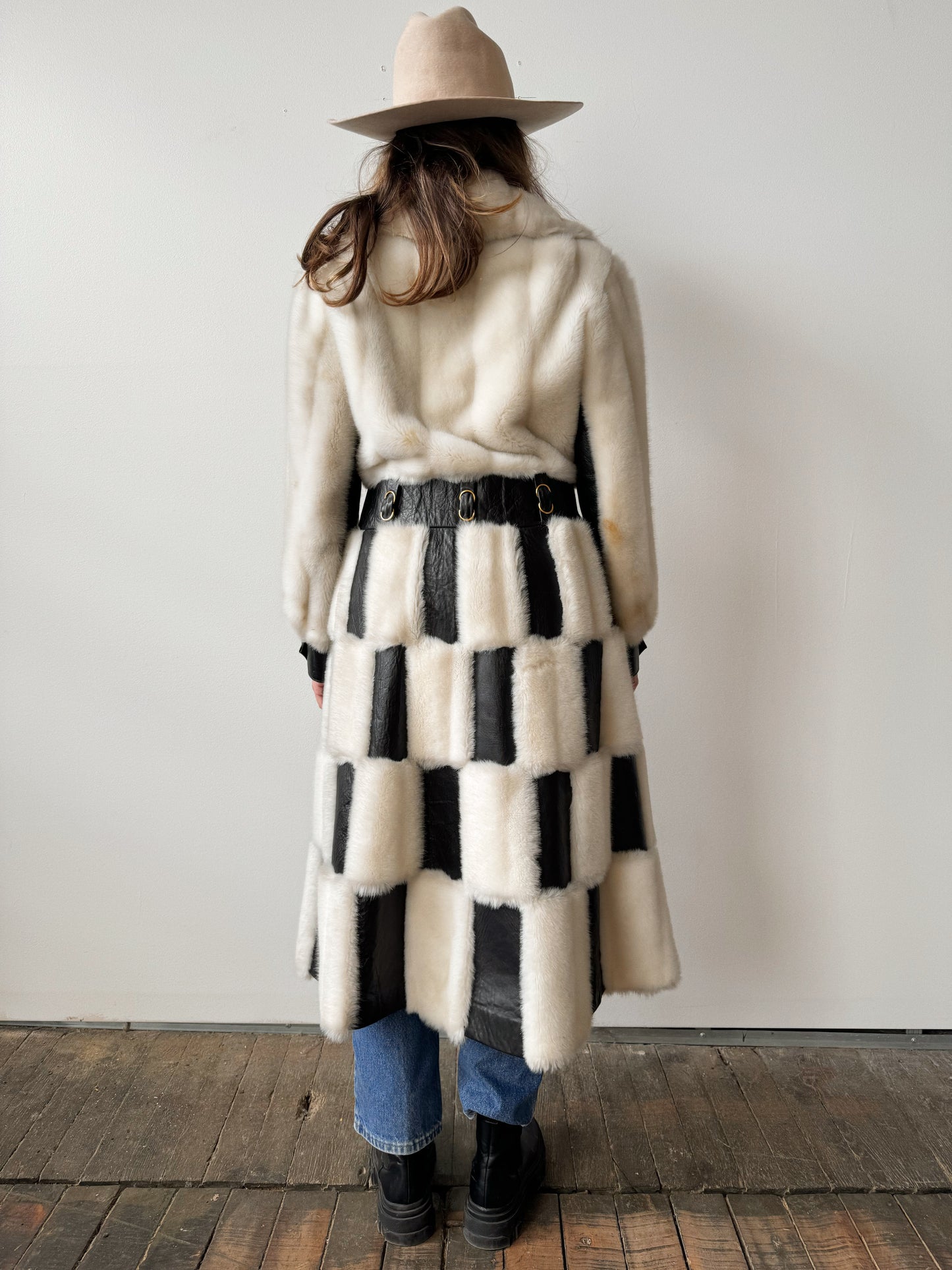 60s Leather and Faux Fur Checkered B&W Coat (M)