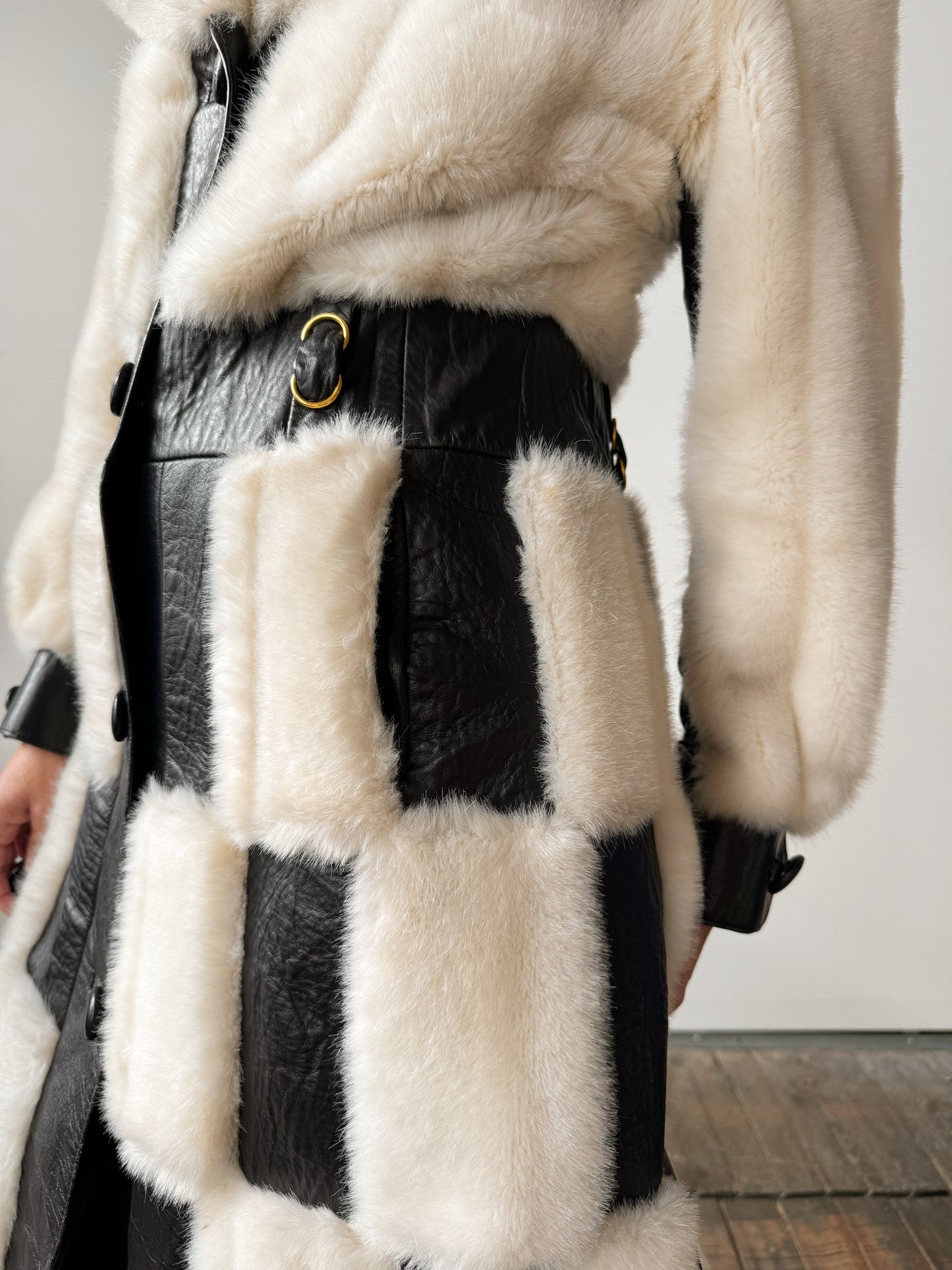 60s Leather and Faux Fur Checkered B&W Coat (M)