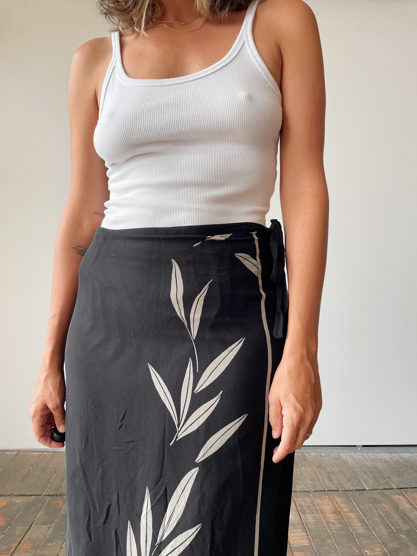 Silk Leafy Faux Wrap Maxi Skirt