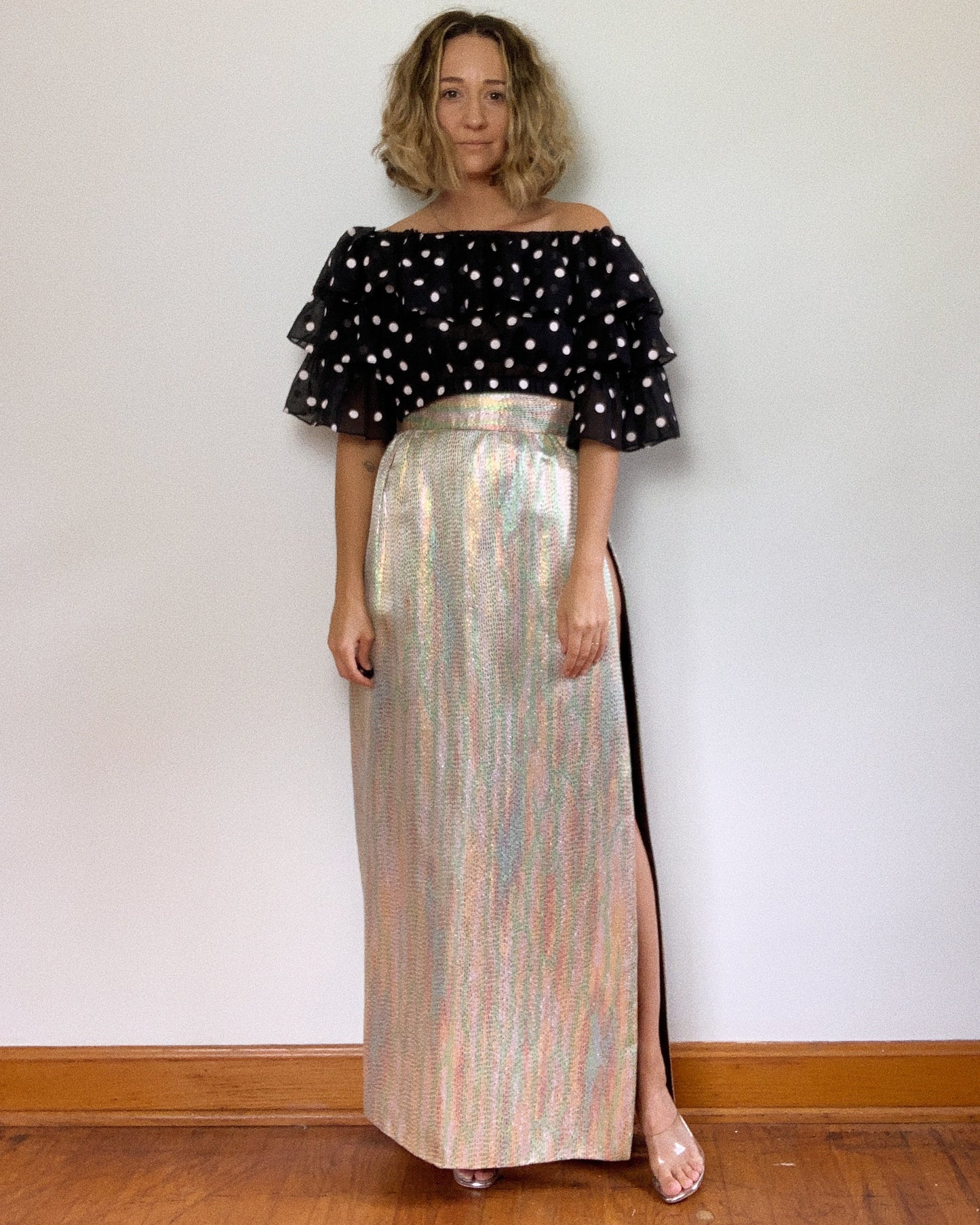 HIGHEST DOUBLE SLIT LAMÉ SKIRT / 27'